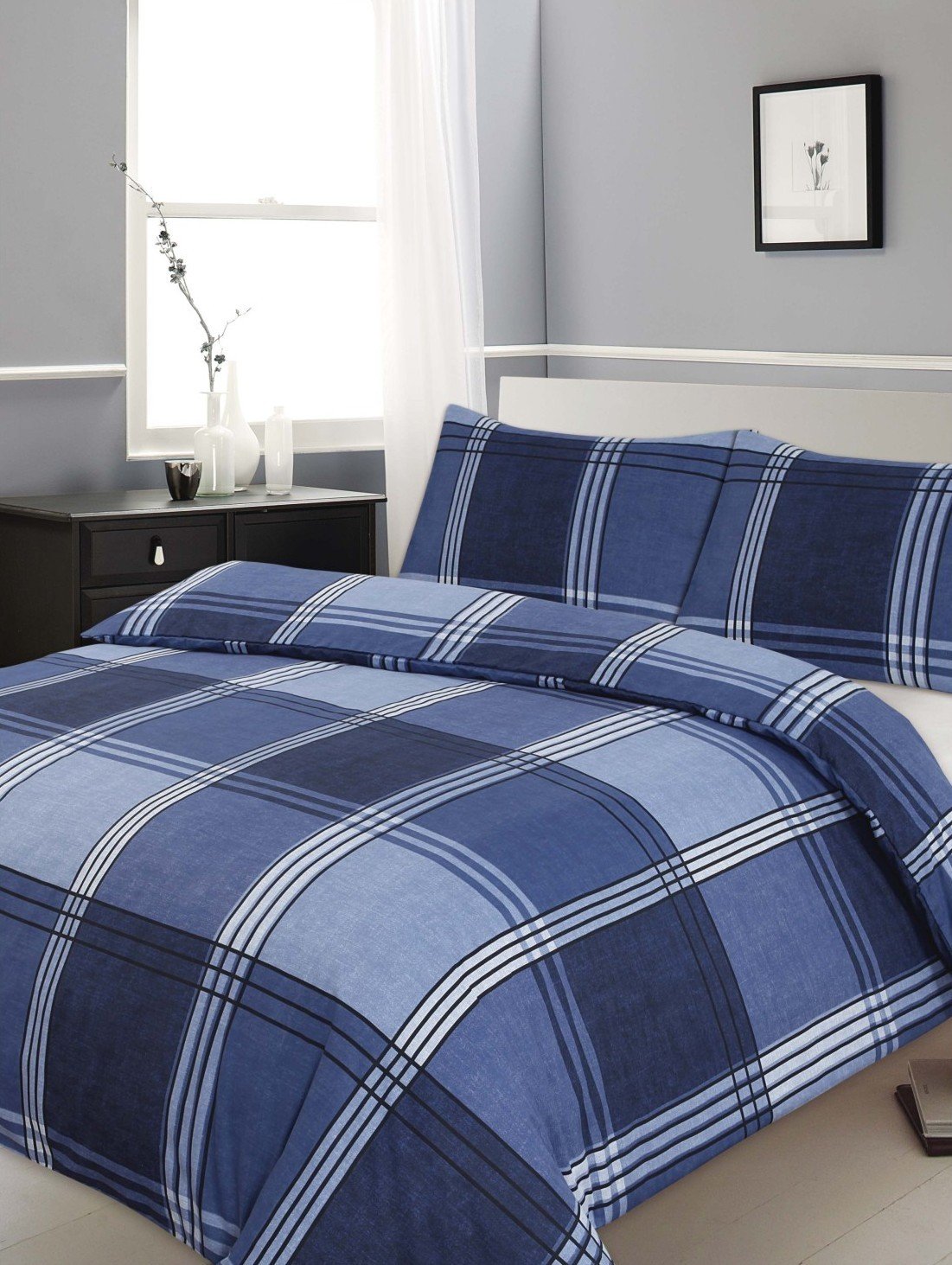 Ashley Mills Blue Double Bed Check Print Hamilton Modern Duvet/Quilt Cover Bedding Set