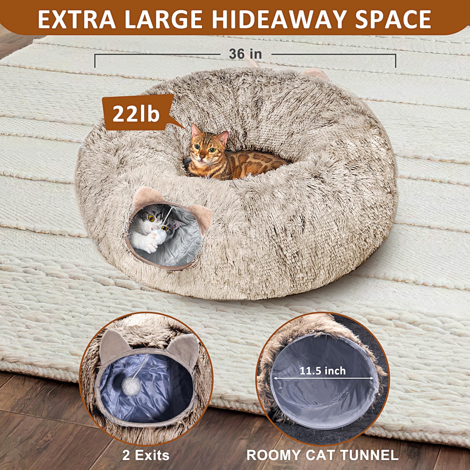 LUKITO Katzentunnel, Großer Katzentunnel mit Zwei Eingängen Katzenhöhle, Geeignet für Katze, Katzenspielzeug für Indoor-Katzen, Weiches Katzenbett