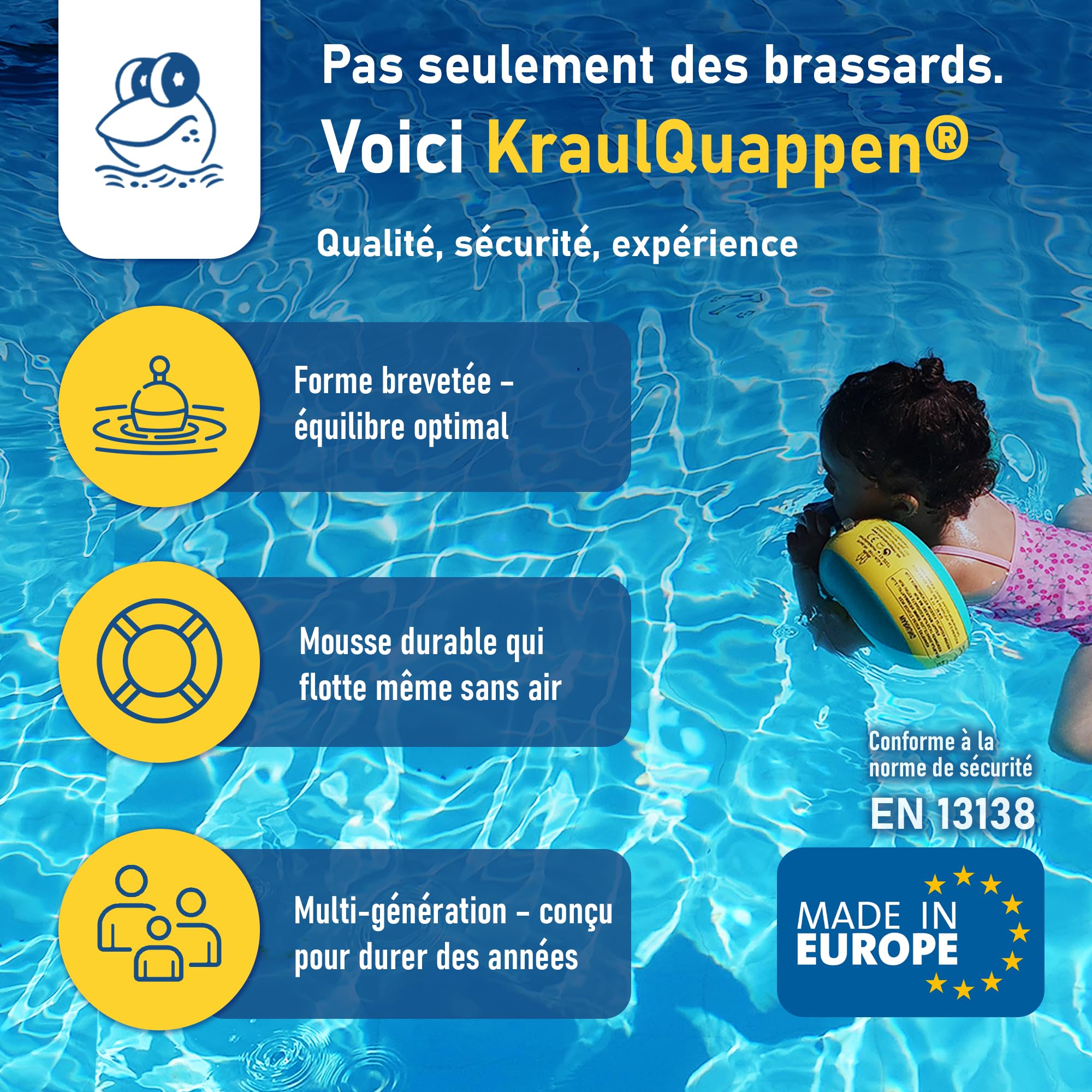 Cherek’s KraulQuappen Brassard de Natation Enfant - Aide à la nage pour Bébés et Jeunes Enfants dès 8 Mois Jusqu’à 30 kg - Brassard avec Noyau en Mousse