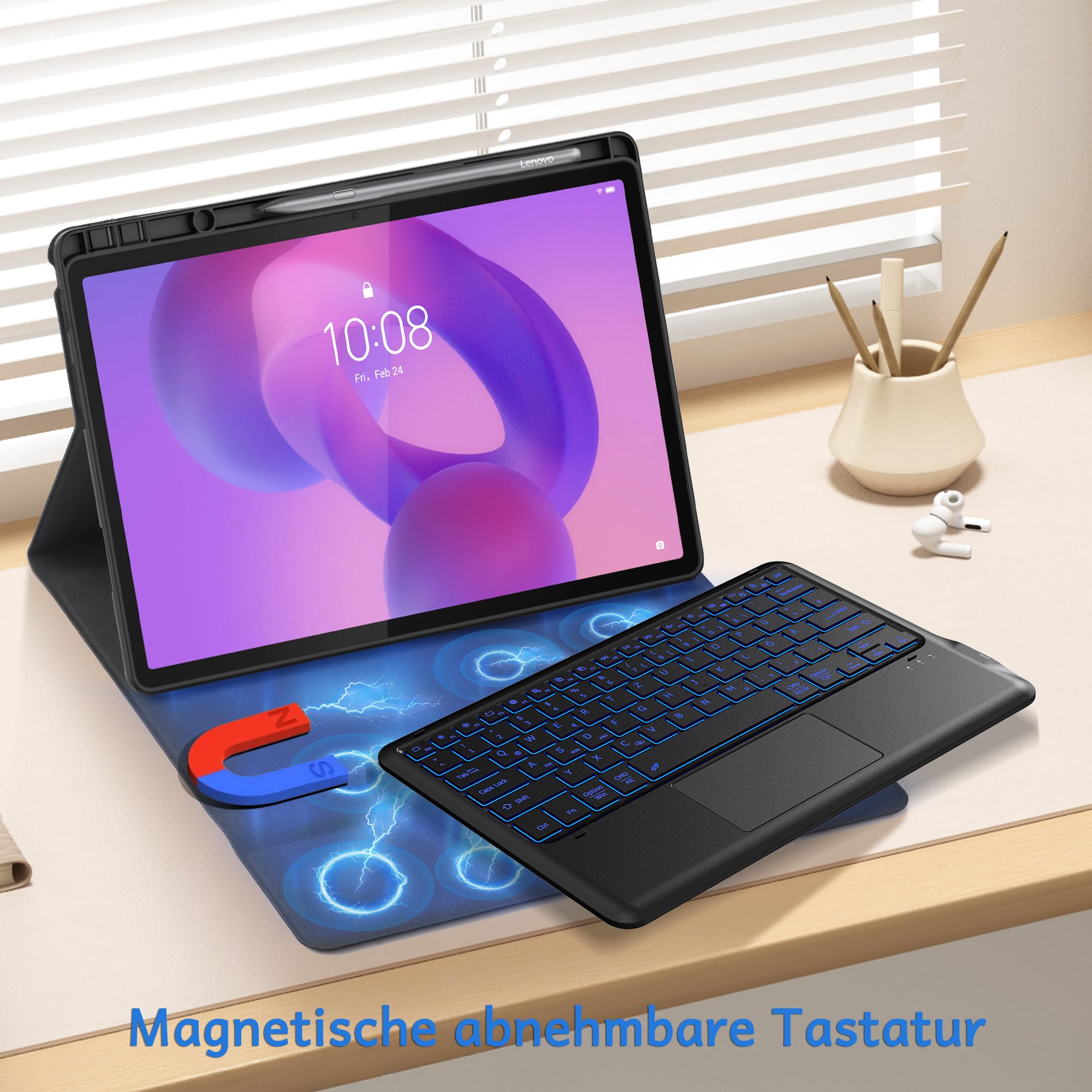 CACOE Tastatur Hülle Kompatibel mit Lenovo Idea Tab Pro 12.7 2025 mit Touchpad, Abnehmbare Kabellose Tastaturhülle mit 7-Farben-Beleuchtung, Schwarz