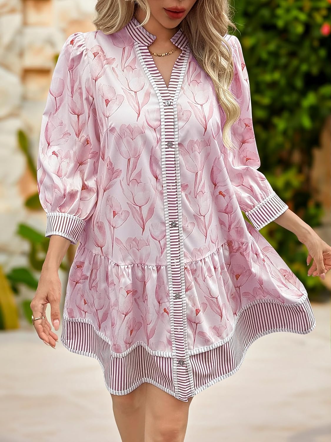 Wenrine Women's Floral Boho Mini Dress 3/4 Long Sleeve V Neck Casual Button Down Shirt Dresses - Image 5