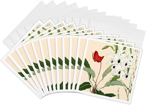 3dRose Greeting Cards - White with Purple Dendrobium Orchid and Red Anthurium - 12 Pack - BLN Japanese Woodblock Flowers by Tanigami Konan