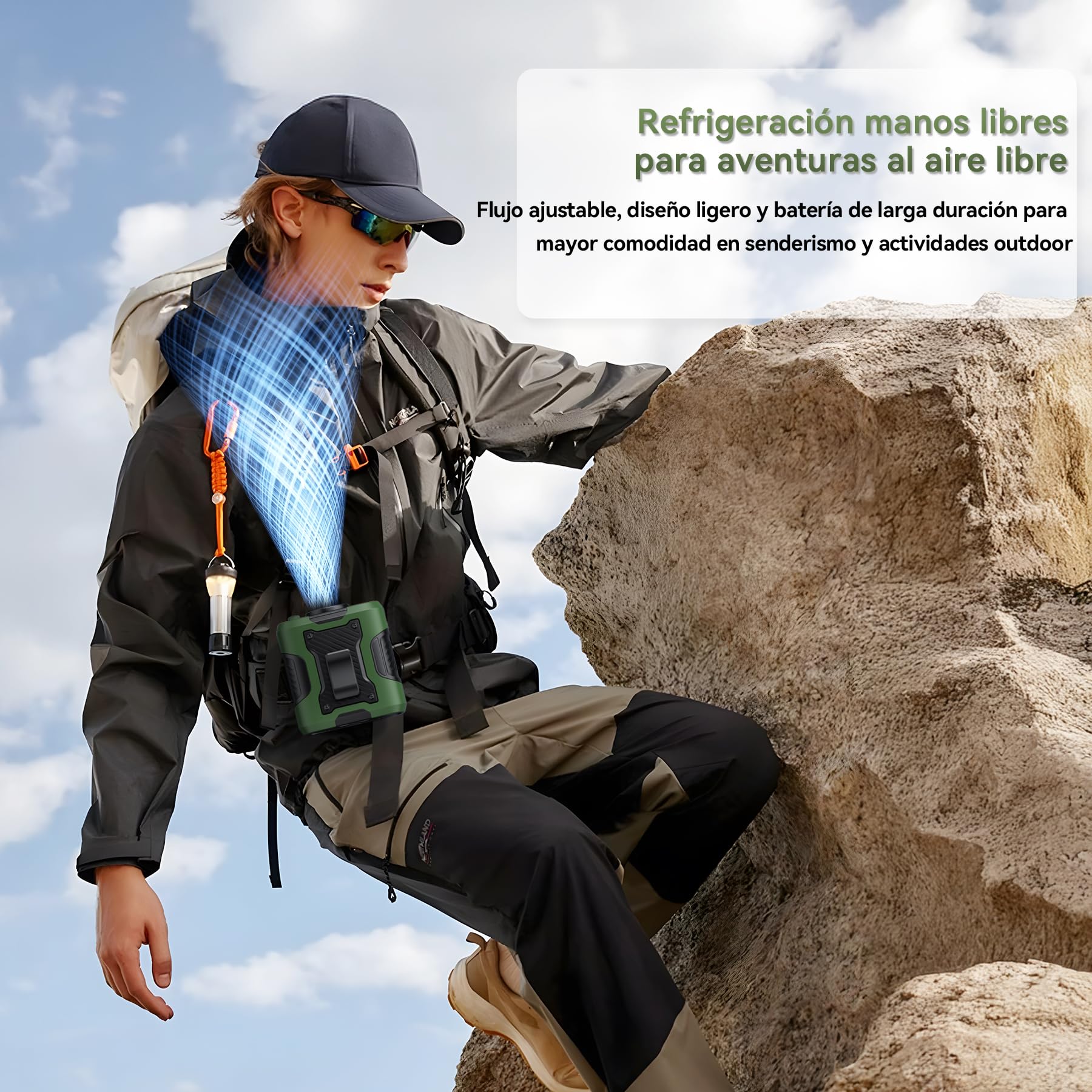 Ventilador de Cintura para Obra y Trabajo al Aire Libre, Refrigeración Potente de 12 m/s, 100 Velocidades Ajustables, Autonomía de hasta 24H, Ventilador con Clip, Luz LED, Carga USB-C