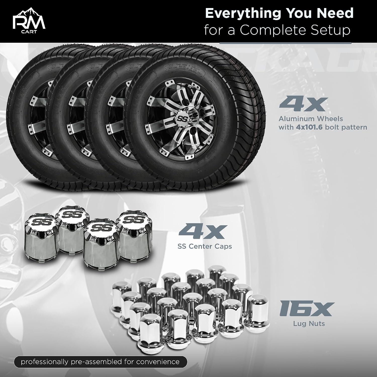 RM Cart 10" Casino Black/Machined on 205/65-10 LSI Elite Tires (Set of 4) | Golf Cart Tires and Wheels Combo with Standard Lug Nuts