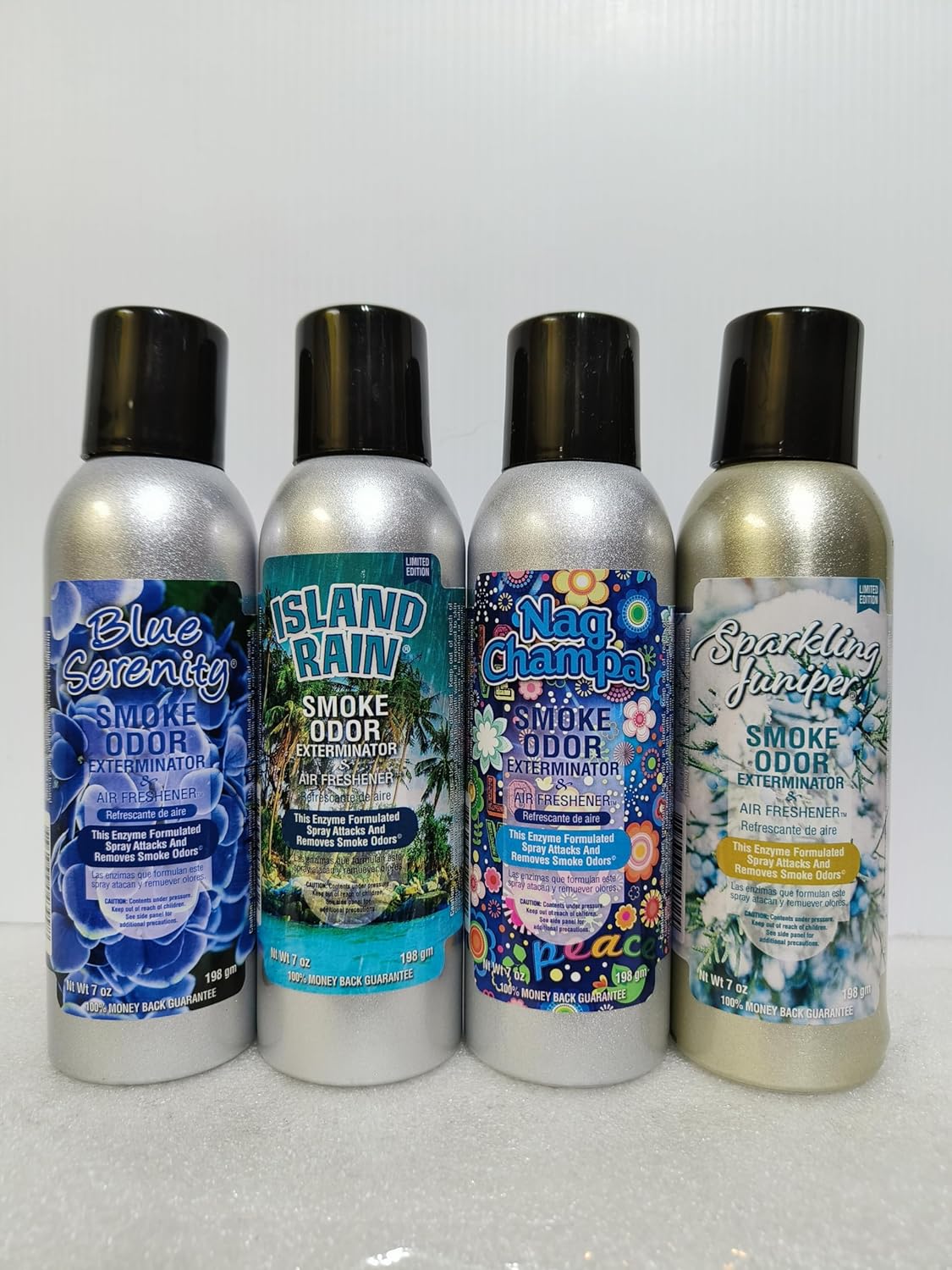 Smoke Odor Exterminator 198 gm/ 7 oz Large Spray Blue Serenity Set of Four Cans. Assortment (4) Includes Blue Serenity, Sparkling Juniper, Island Rain & Nag Champa.