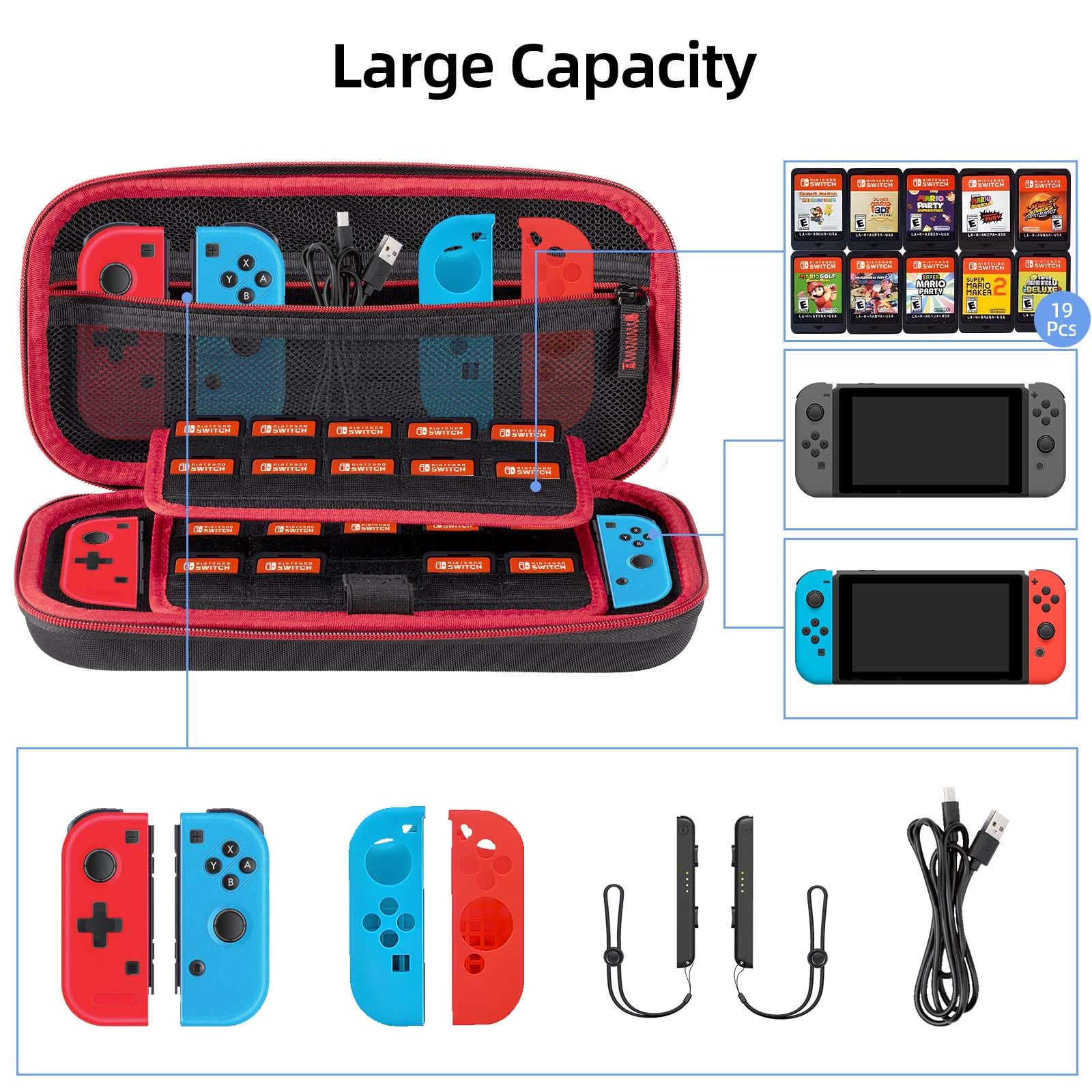 Carehabi Etui kompatybilne z Nintendo Switch i New Switch OLED, twarde etui OLED, z miejscem do przechowywania kaset z 19 przełącznikami, czarne, czarny, organizer kieszonkowy