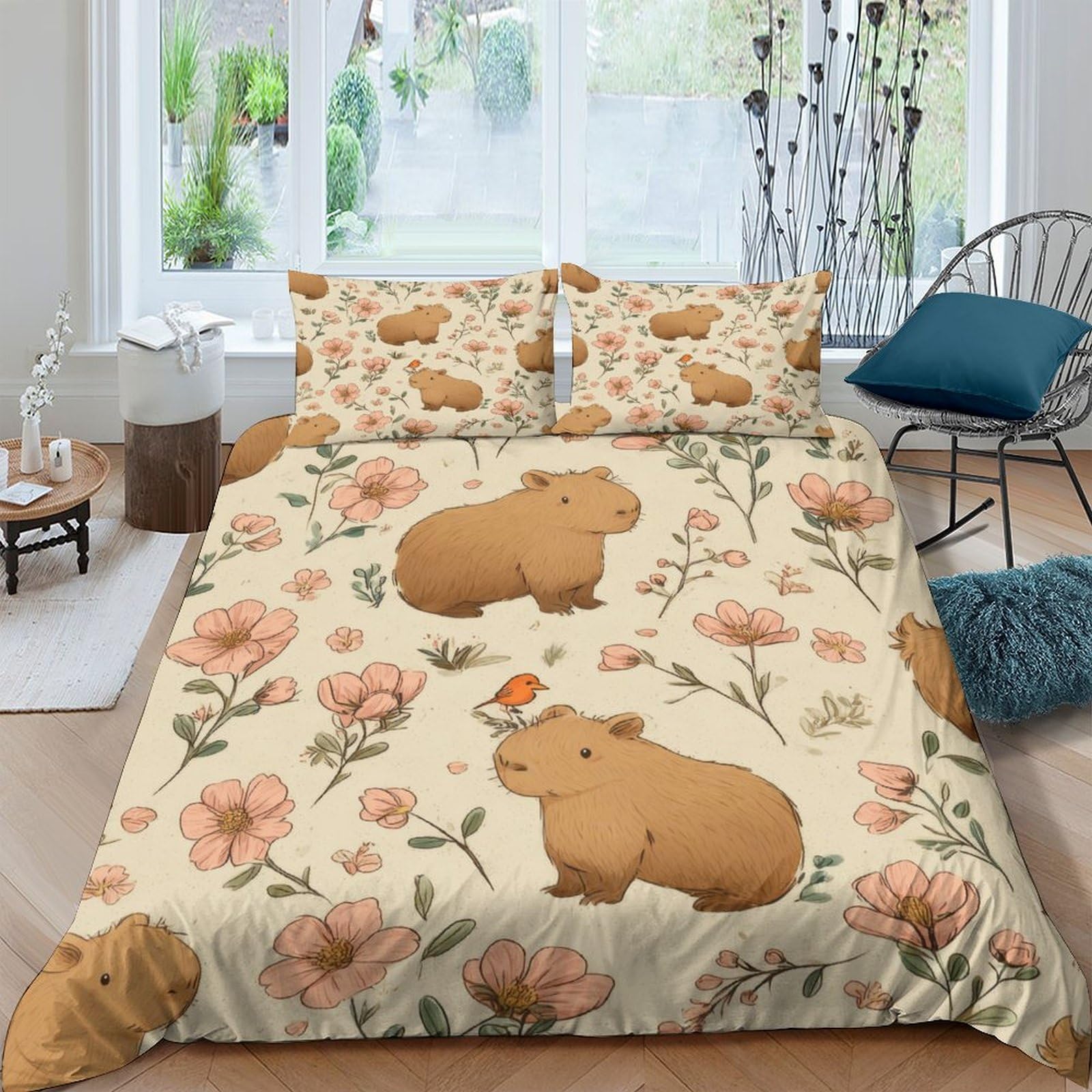 Ctjqhvkz Style-3 3D Printed Capybara Floral Fitted Sheet Microfiber Soft Non-Slip Bed Cover For Bedroom Guest Room Easy Care Decor Single（135X200cm）