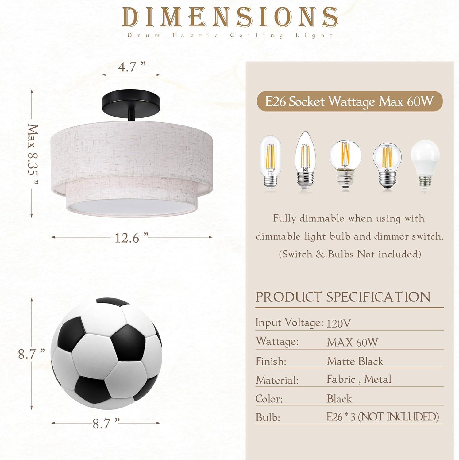 12.6 inch Flush Mount Ceiling Light Black Close to Lights Fixture with 2-Layer Fabric Shade 3-Light Drum Modern Lights for Dining Room Bedroom Hallway