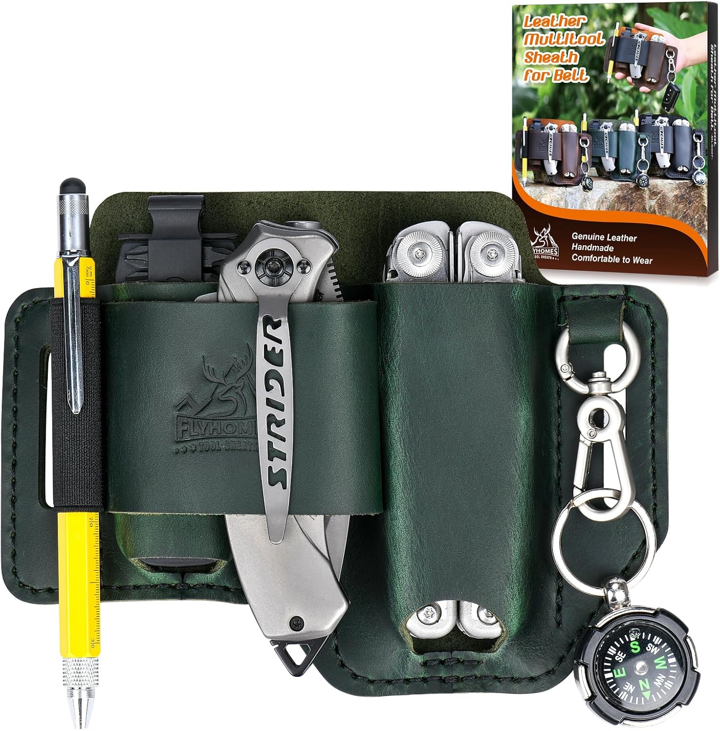 FLYHOMES Genuine Leather Multitool Sheath | Handmade Stitched Belt Organizer for Leatherman Surge | Holds Bit Kit & Extender | Flashlight Holster, Pen & EDC Tools Pouch | Dark Green