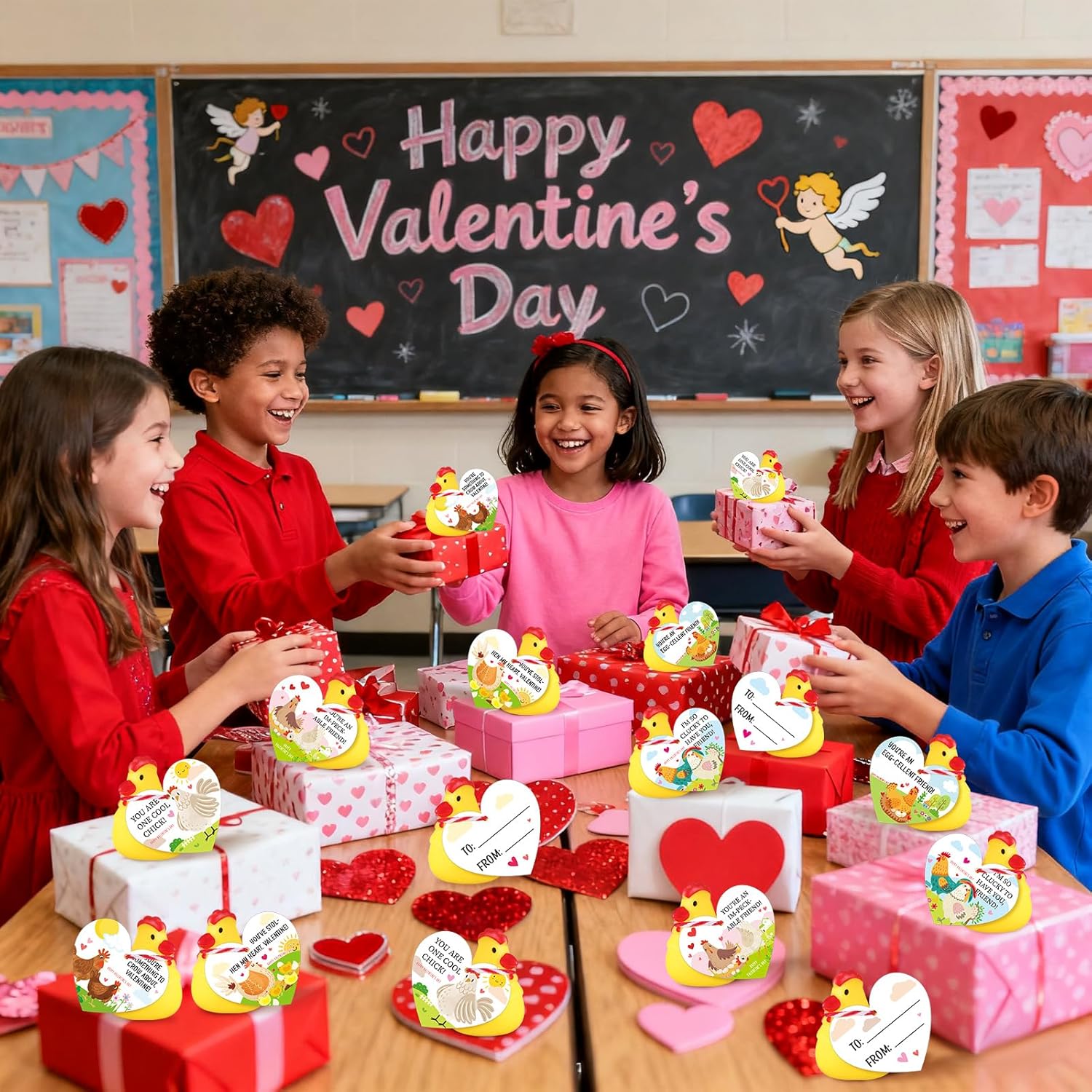 24 Set Valentines Day Gift Mini Rubber Chicken with Heart Cards Exchange Gift for Friends Prize Goodie Bags Filler Chicken Party Favors Valentines Exchange Activity Lucky Gifts Bulk