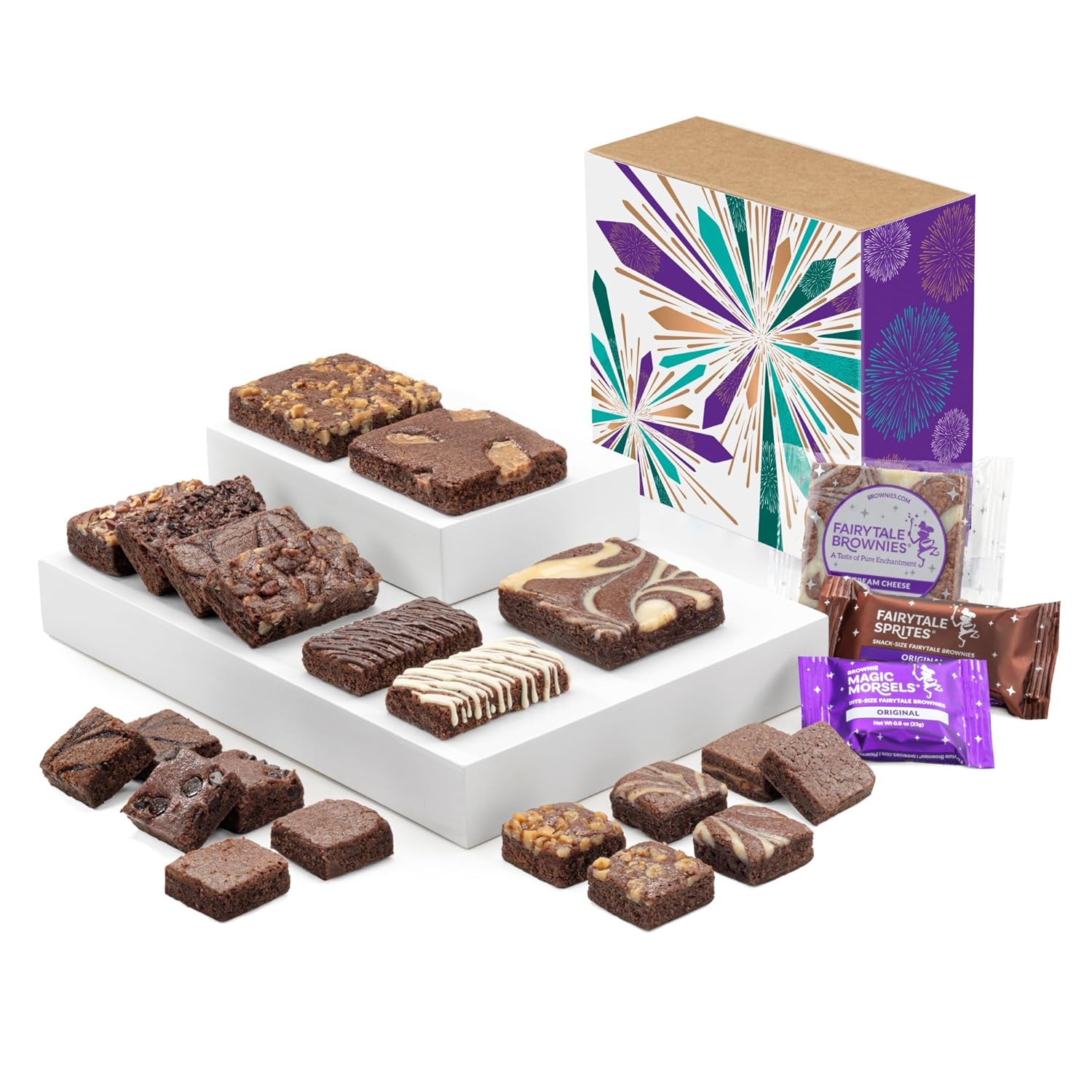 Fairytale Brownies Celebration Medley Individually Wrapped Gourmet Chocolate Food Gift Basket for New Home Anniversary New Baby and More - Full-Size, Snack-Size and Bite-Size Brownies - 21 Pieces - Item CG321