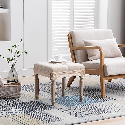 Miniatura 24 de Banco de entrada tapizado de tela, banco de piano copetudo para 2 personas, patas de madera de goma con hermoso patrón tallado para dormitorio, sala