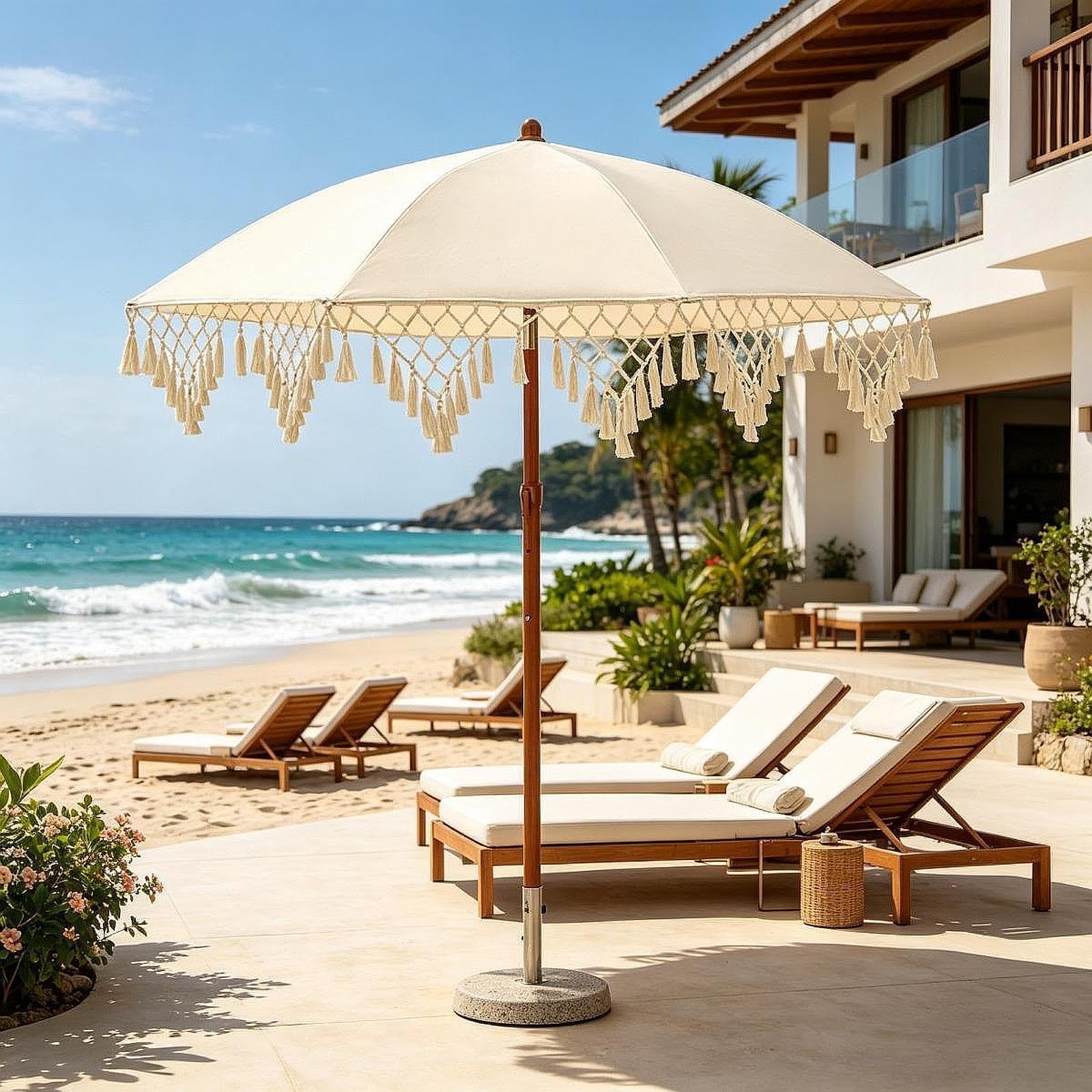 Heavy Du UV Protect Parasol tarasowy z frędzlami - zewnętrzny zadaszenie sune na podwórko, plażę i podróż - idealny na relaks