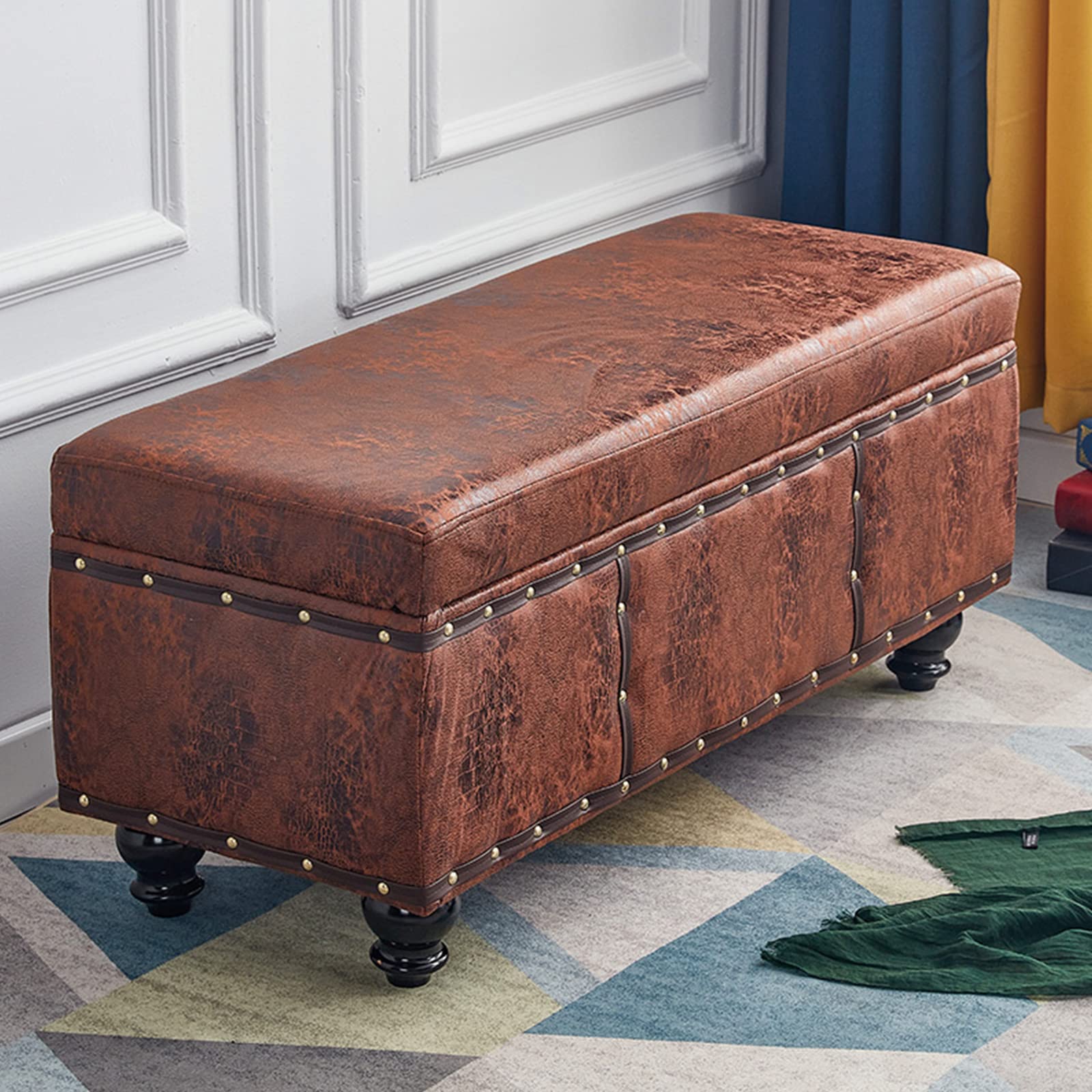 Tabouret de rangement rectangulaire marron grand volume pour salon