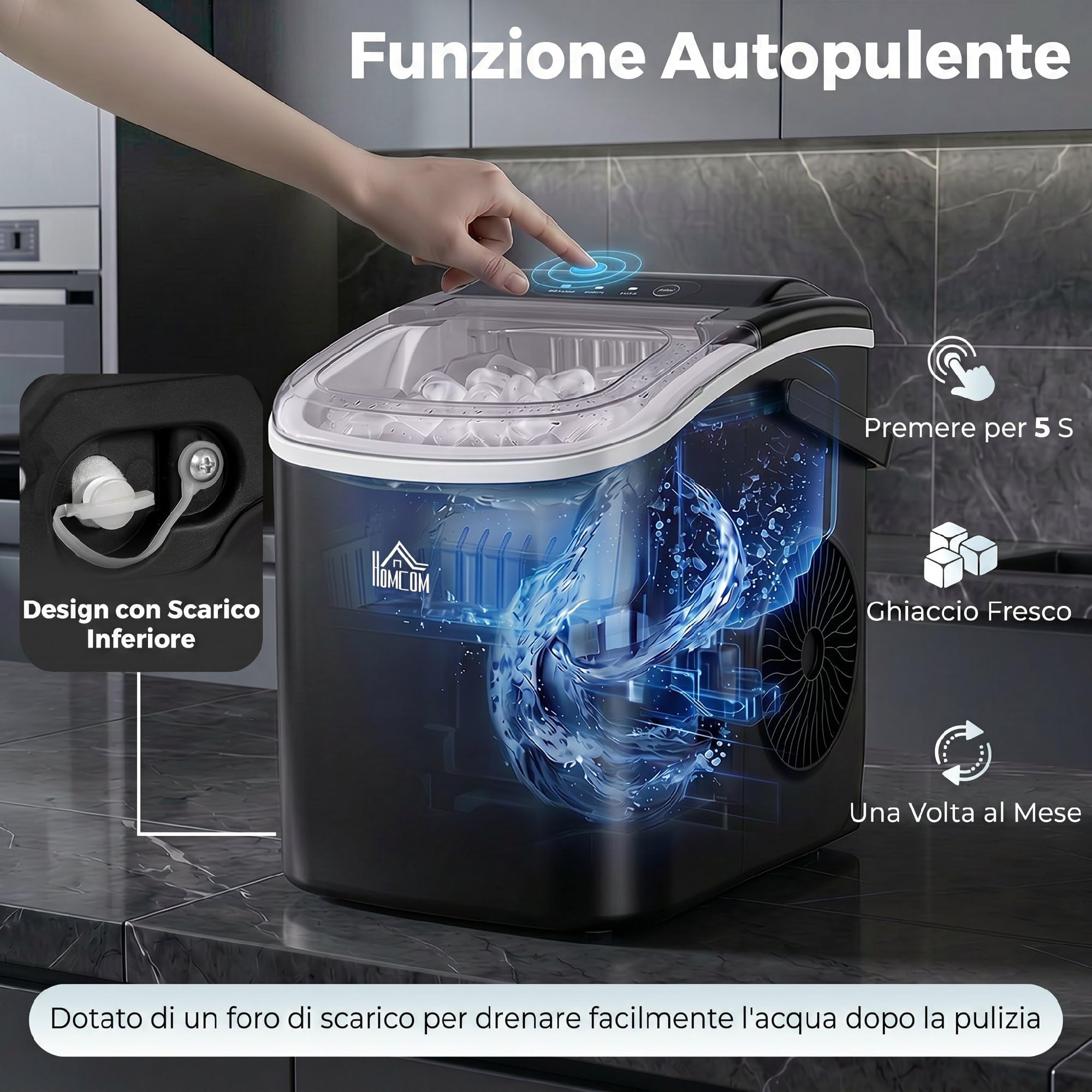 HOMCOM Macchina del Ghiaccio 12kg/24h, 9 Cubetti in 6-12 Minuti in PP e Rame con Cestello e Paletta, 23.8x30.5x29 cm, Nero