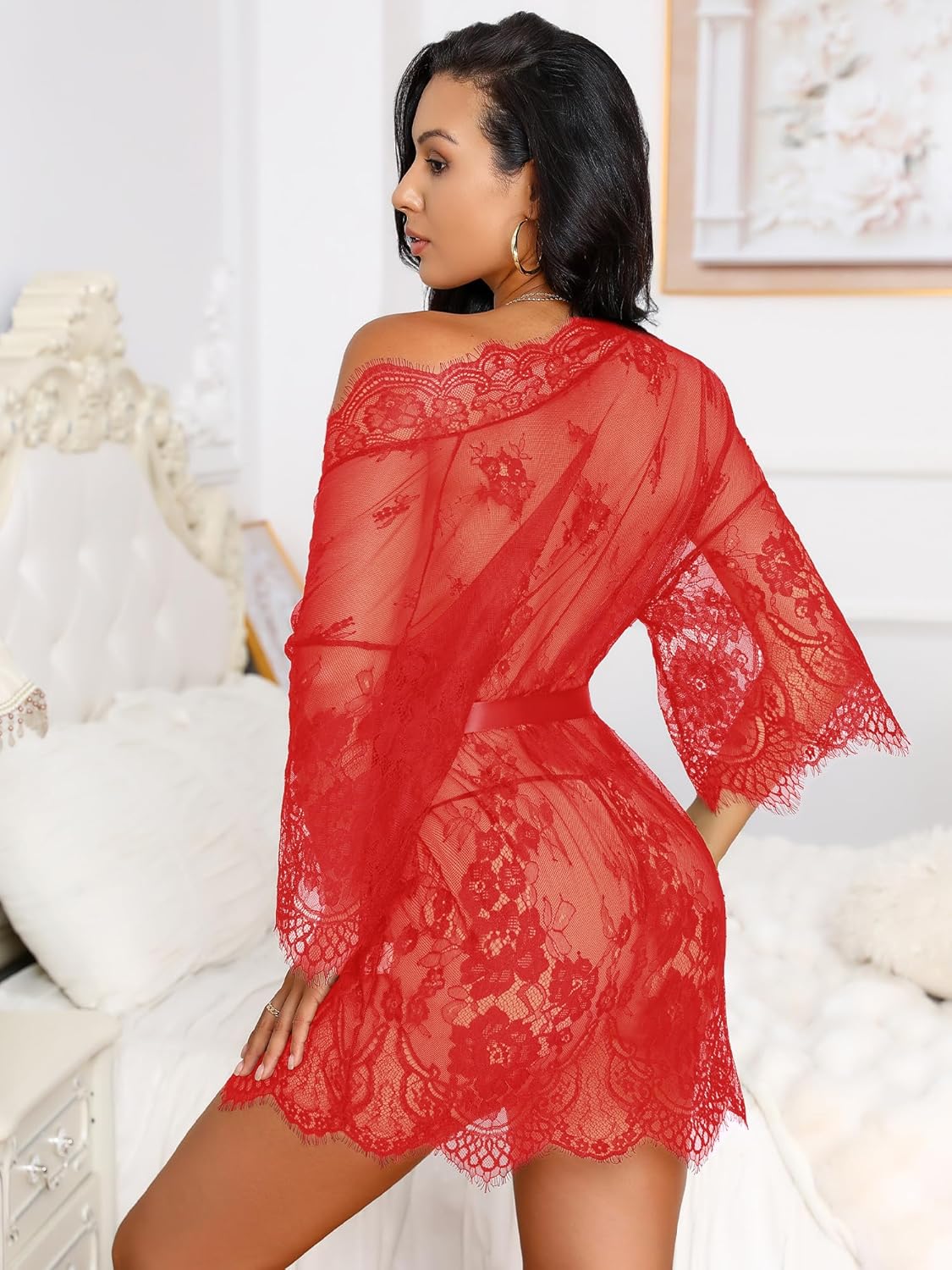 Sexy Lingerie for Women Lace Kimono Robe Mesh Chemise Nightgown Lace Robe XS-3XL - Image 5
