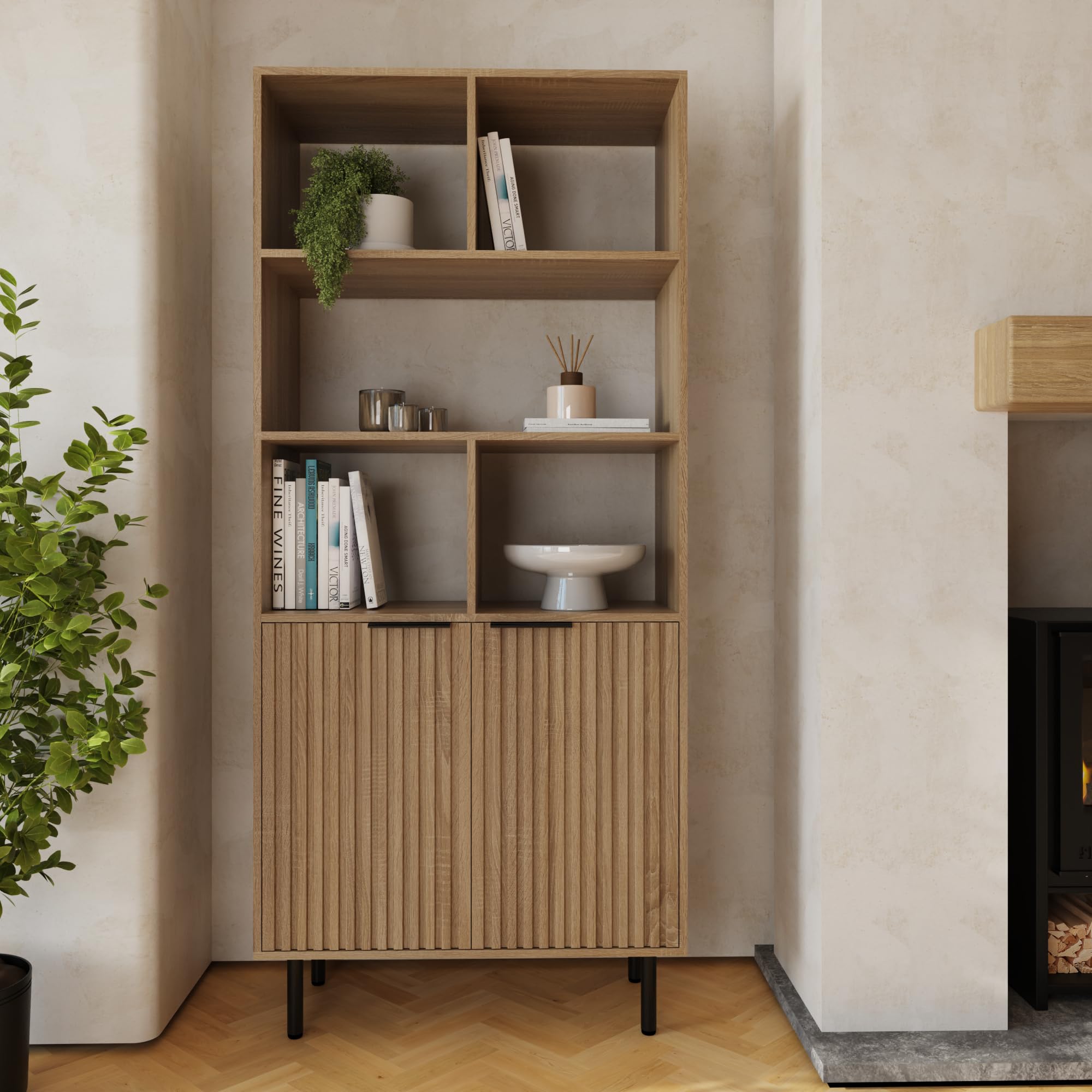 GFW Nervata Bookcase with Shelves & Cabinet Storage, Modern Asymmetric Display Unit with Ribbed Detailing