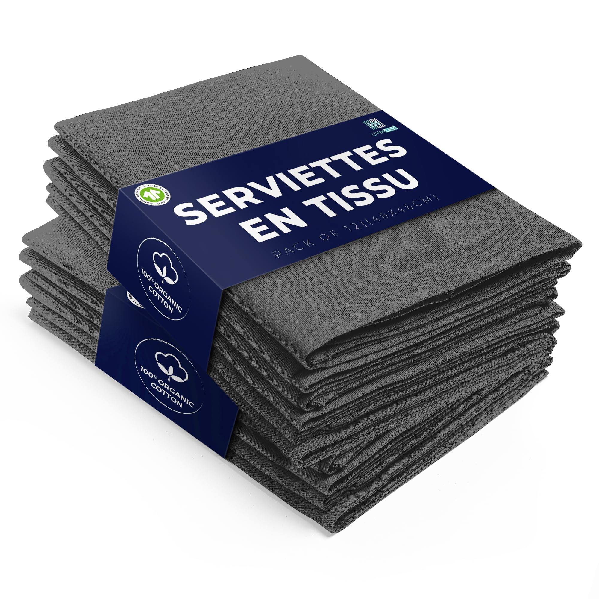 Serviettes en tissu coton réutilisables : lot de 12 serviettes de table lavables charbon