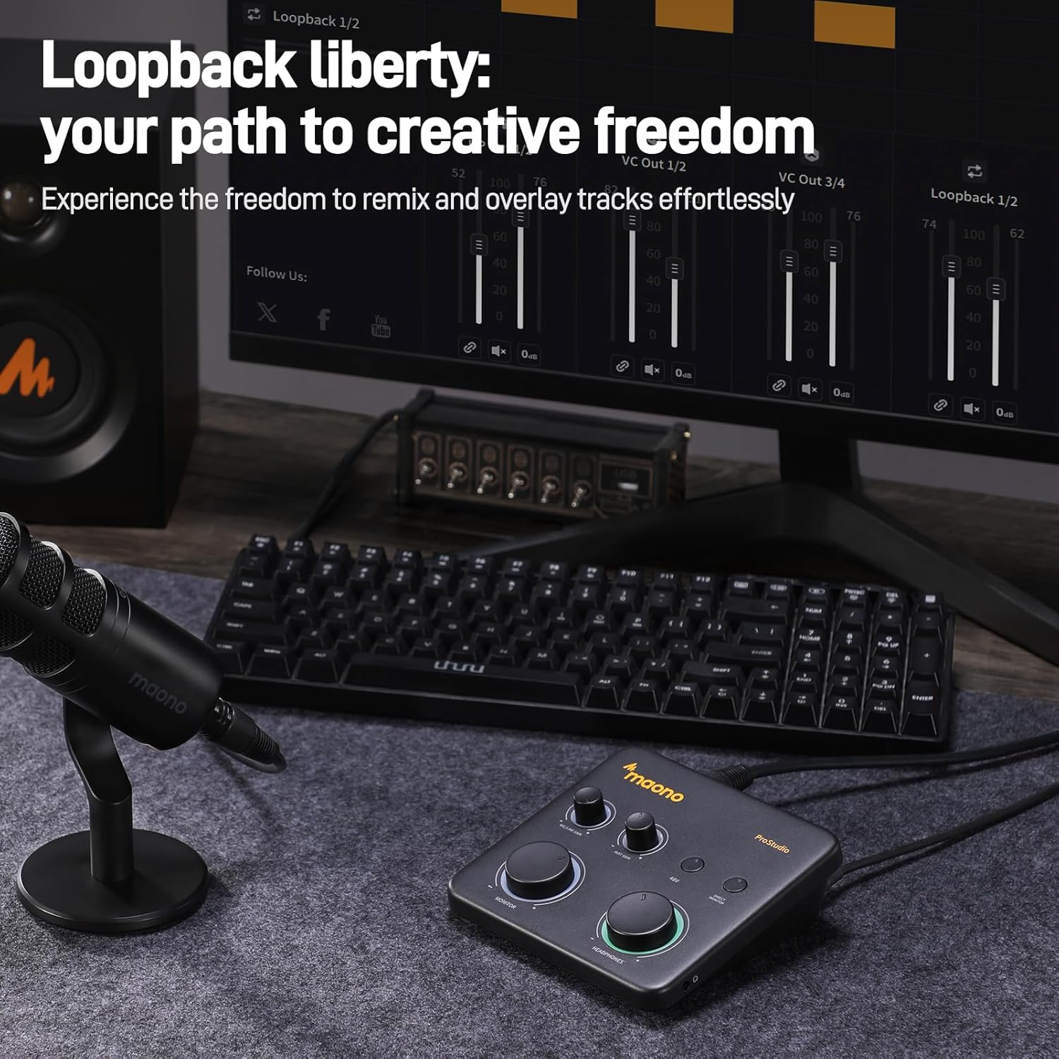 MAONO PS22 Lite showing three-level indicator lights: blue, purple, green