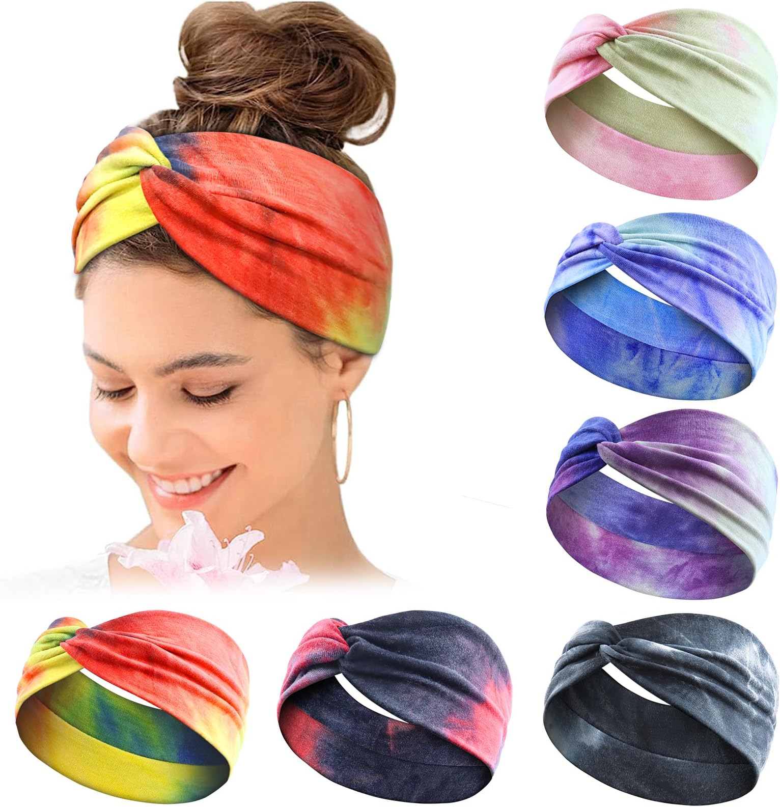 Women's Hair Bands Wide Elastic Soft 6 Pieces Summer Boho Headband Print Hair Accessories Yoga Sports Hairband Multicoloured Thin Headbands (Tie-Dye B)