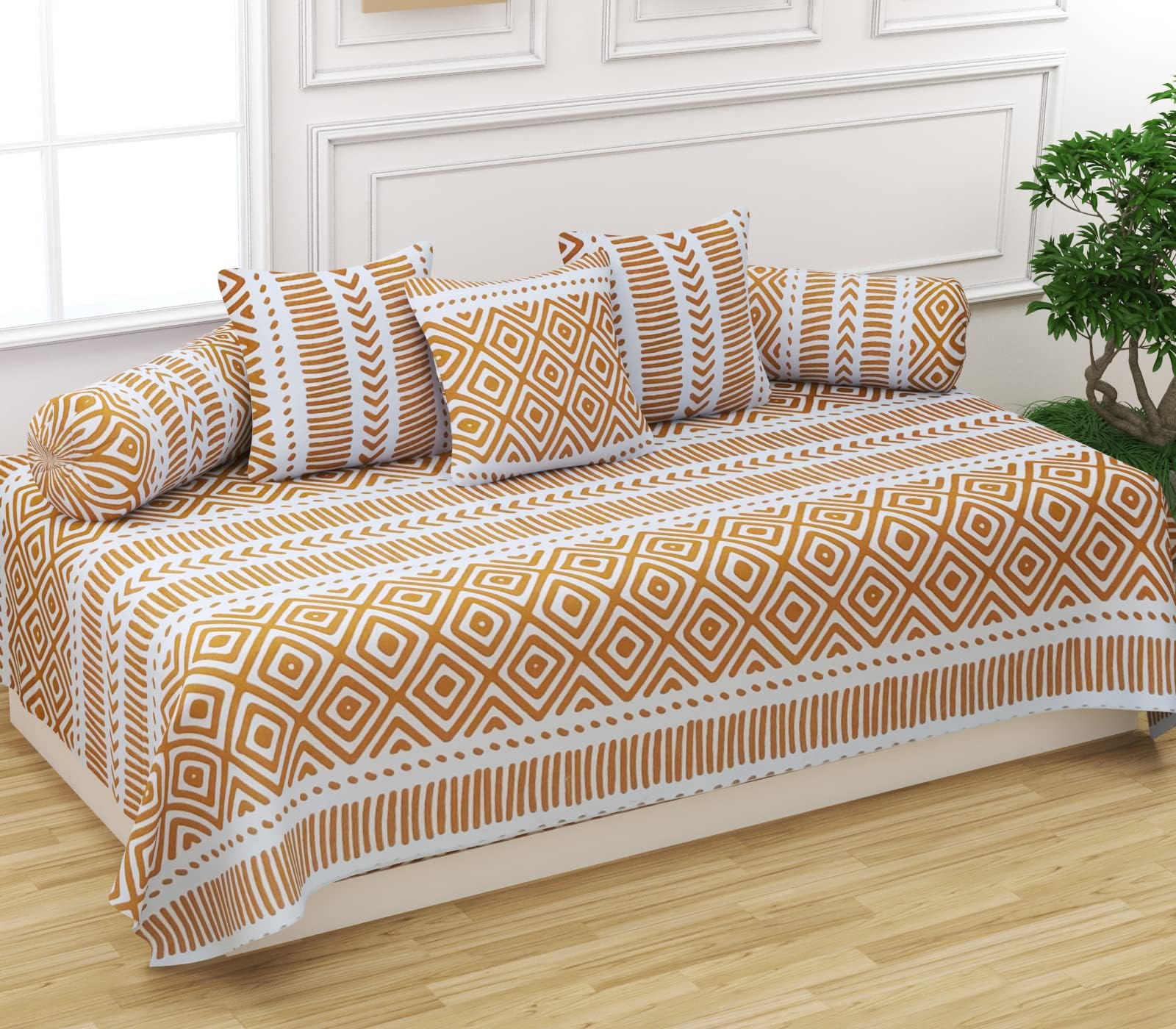 Trance Home Ajrak Blue Diwan Set - 6 Pcs Cotton -32