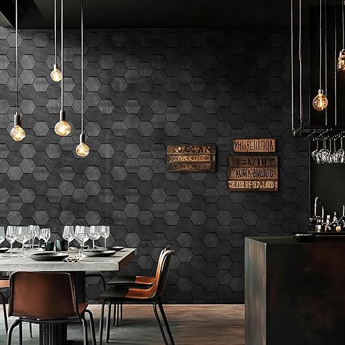 Miniatura 6 de Simon&Siff Papel tapiz con textura negra hexagonal en relieve 3D, 17.3 pulgadas x 19.7 pies, no tejido, tradicional, para dormitorio, baño, paredes