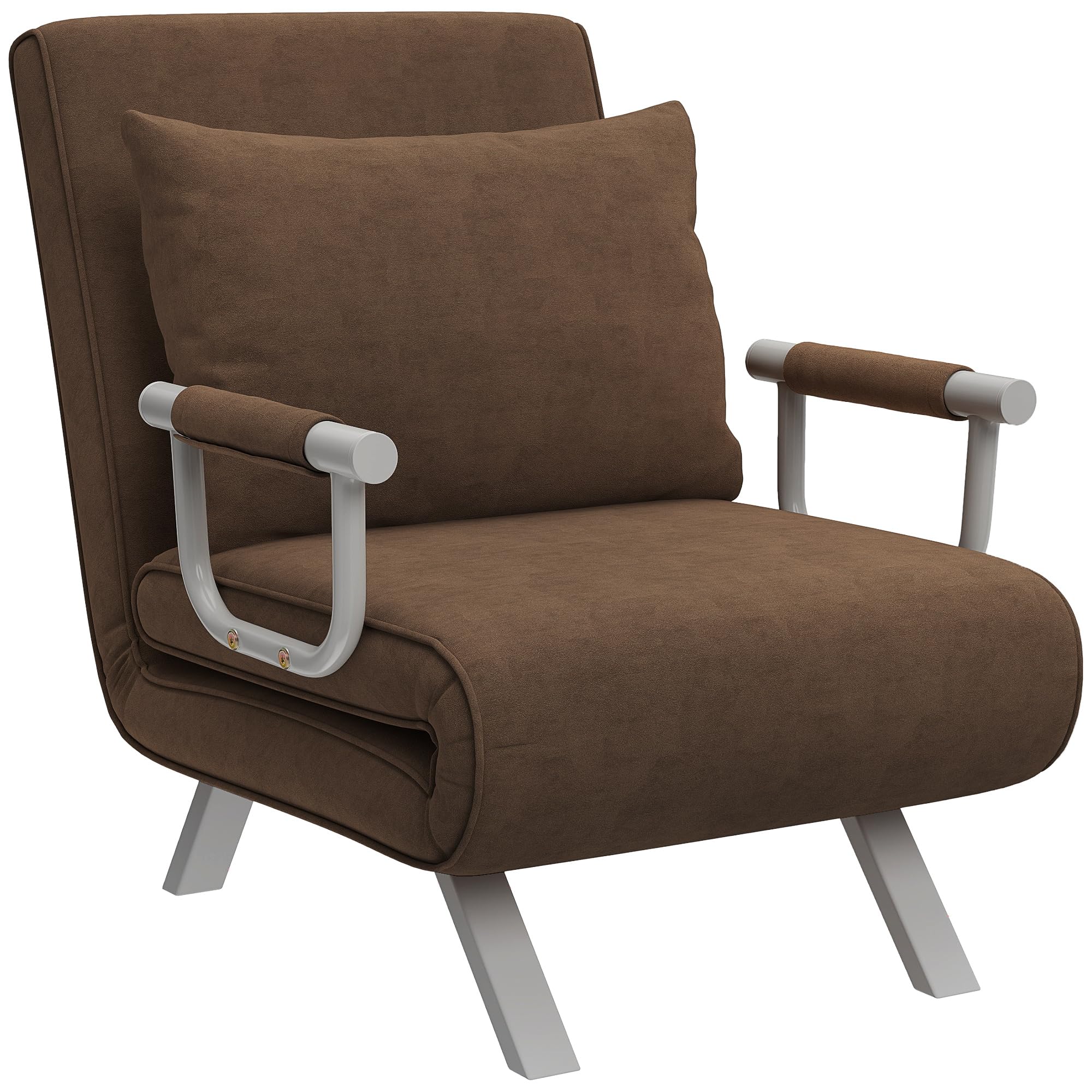 HOMCOM Fauteuil chauffeuse canapé-lit Convertible 1 Place déhoussable Grand Confort Coussin Pieds accoudoirs métal suède Marron