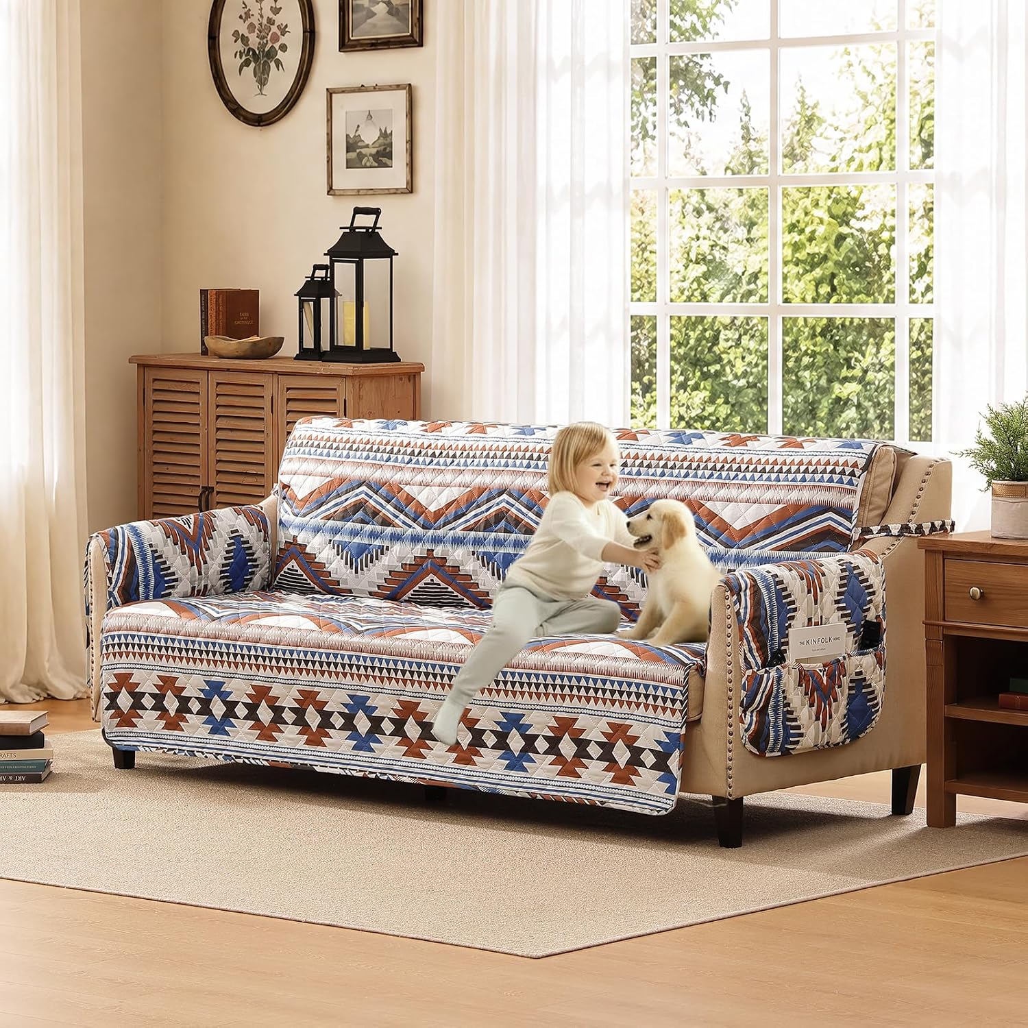 Soft Boho Quilted Couch Cover with Pockets for Extra-Large Sofa, Anti-Slip Sofa Covers Washable for 3 Cushion, Pet Friendly Boho Oversized Sofa Slipcovers (X-Large Sofa 78", Bohemia)