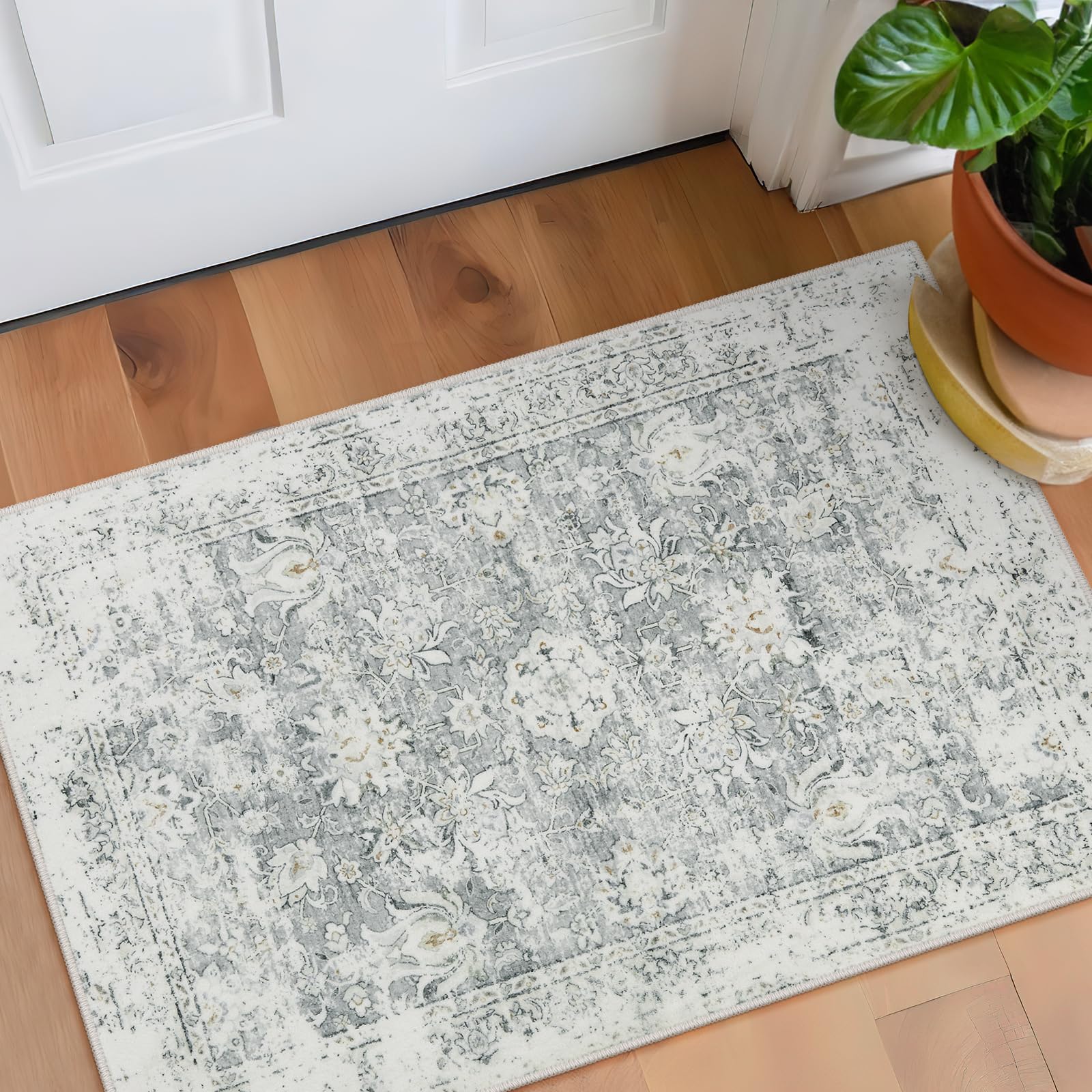 Lahome Vintage Floral Entryway Rug, 2x3 Washable Rug Non-Slip Soft Kitchen Rugs,Ultra-thin Indoor Door Mat for Bathroom Distressed Throw Rug Carpet for Bedroom(2x3ft,Grey)