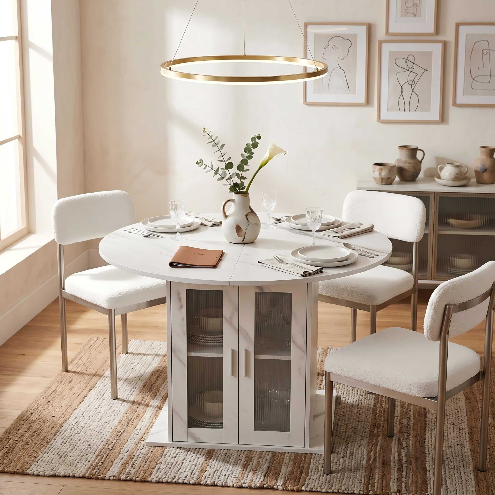 Esstisch Rund Ausziehbar, Ovaler Esstisch mit Kühlschrank Stauraum, Moderner Küchentisch für 4-6 Personen, geeignet für Küche, Esszimmer und Wohnzimmer