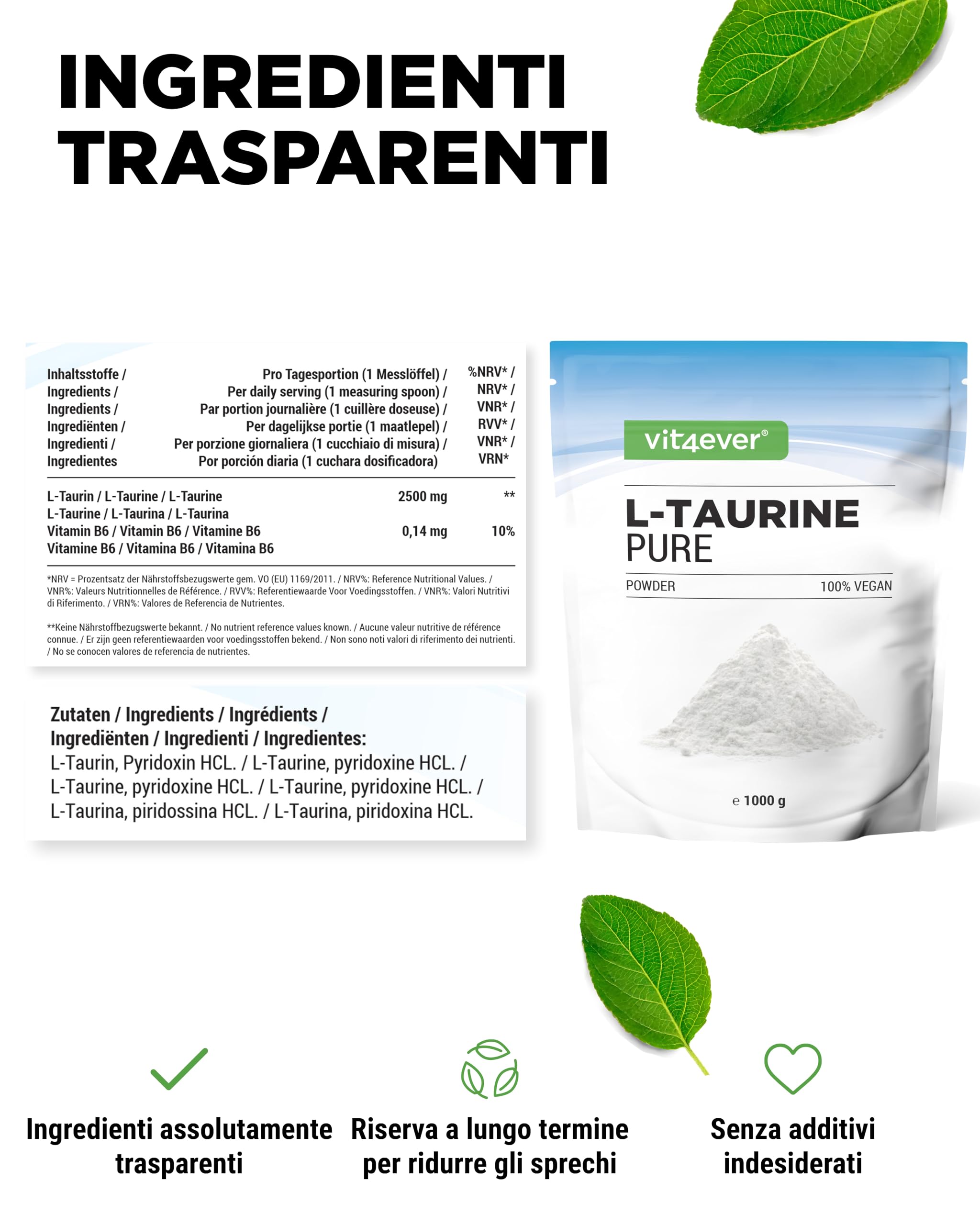 Polvere di Taurina - 1000 g (1 kg) - Solubilità ottimale - Vegano - Purezza 99% - Qualità premium - Aminoacido L-Taurina