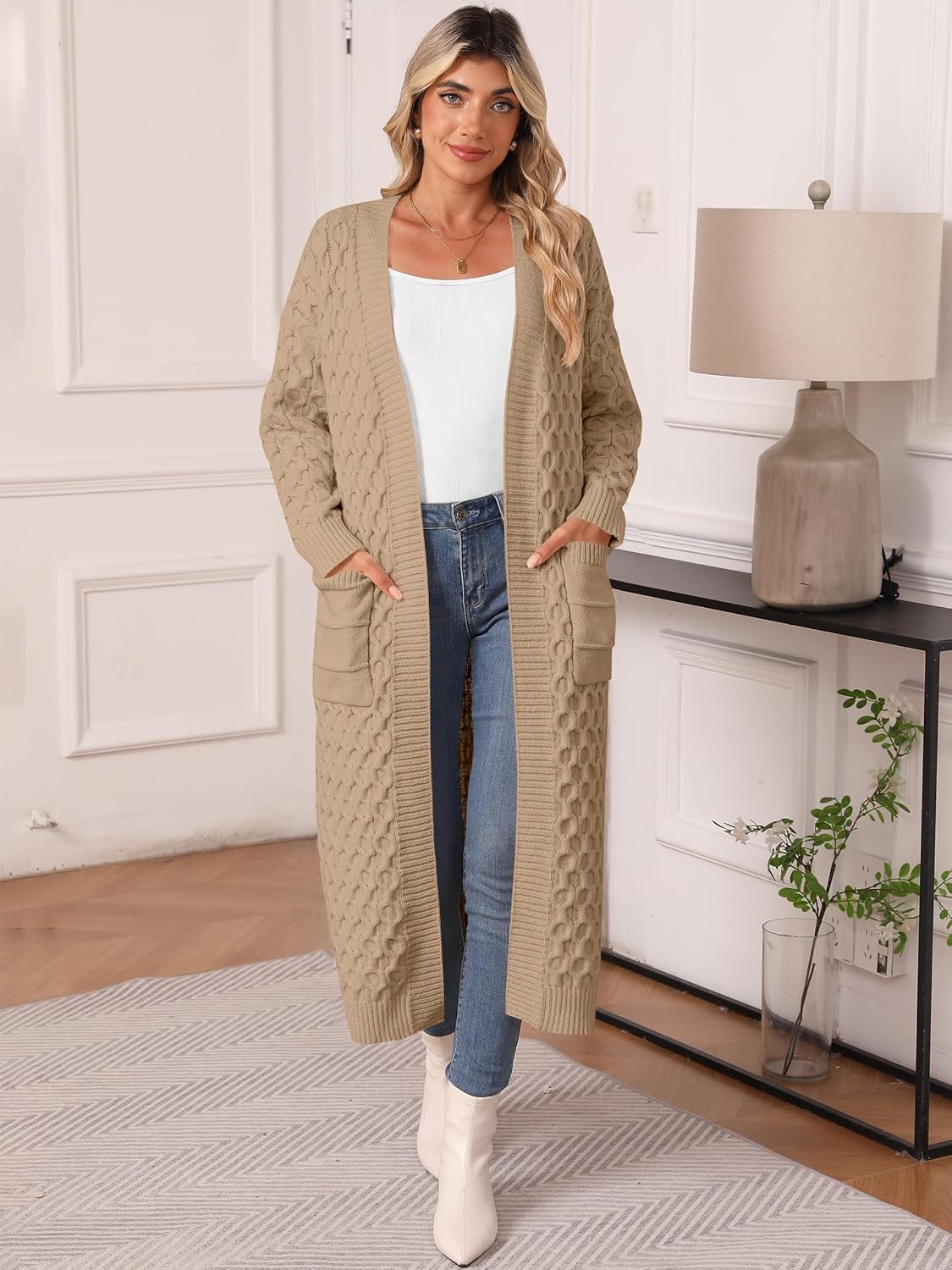 Womens Long Cardigan Sweaters Fall Open Front Coat Long Sleeve Cable Knit Maxi Outerwear Trendy Jacket Clothes - Image 3