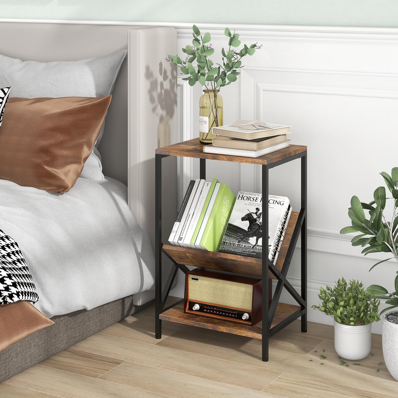 COSTWAY Mesa Auxiliar de 3 Niveles, Mesa Tocadiscos con Revistero para Vinilos Pequeños y Medianos, Marco de Metal en Forma de X y Almohadillas Ajustables, Mueble Tocadiscos Vinilos, 40 x 30 x 61 cm