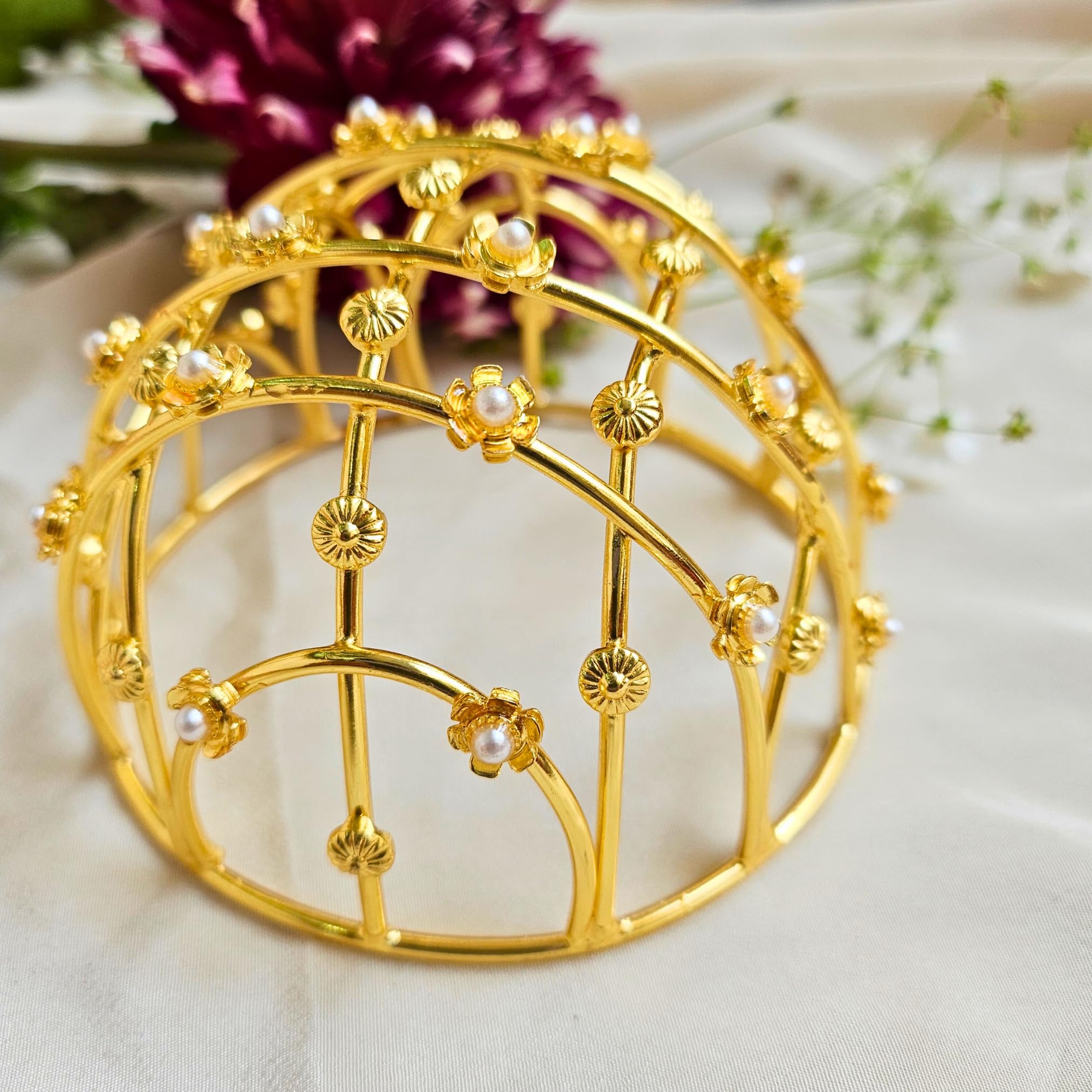 VIANA JEWELS Hair Bun Cage Accessory for Women | Handcrafted Brass Juda Cover with Stick | Anti-Tarnish Traditional Hair Accessory for Wedding & Festive (Pear Flower Hair Bun (Golden)) 1