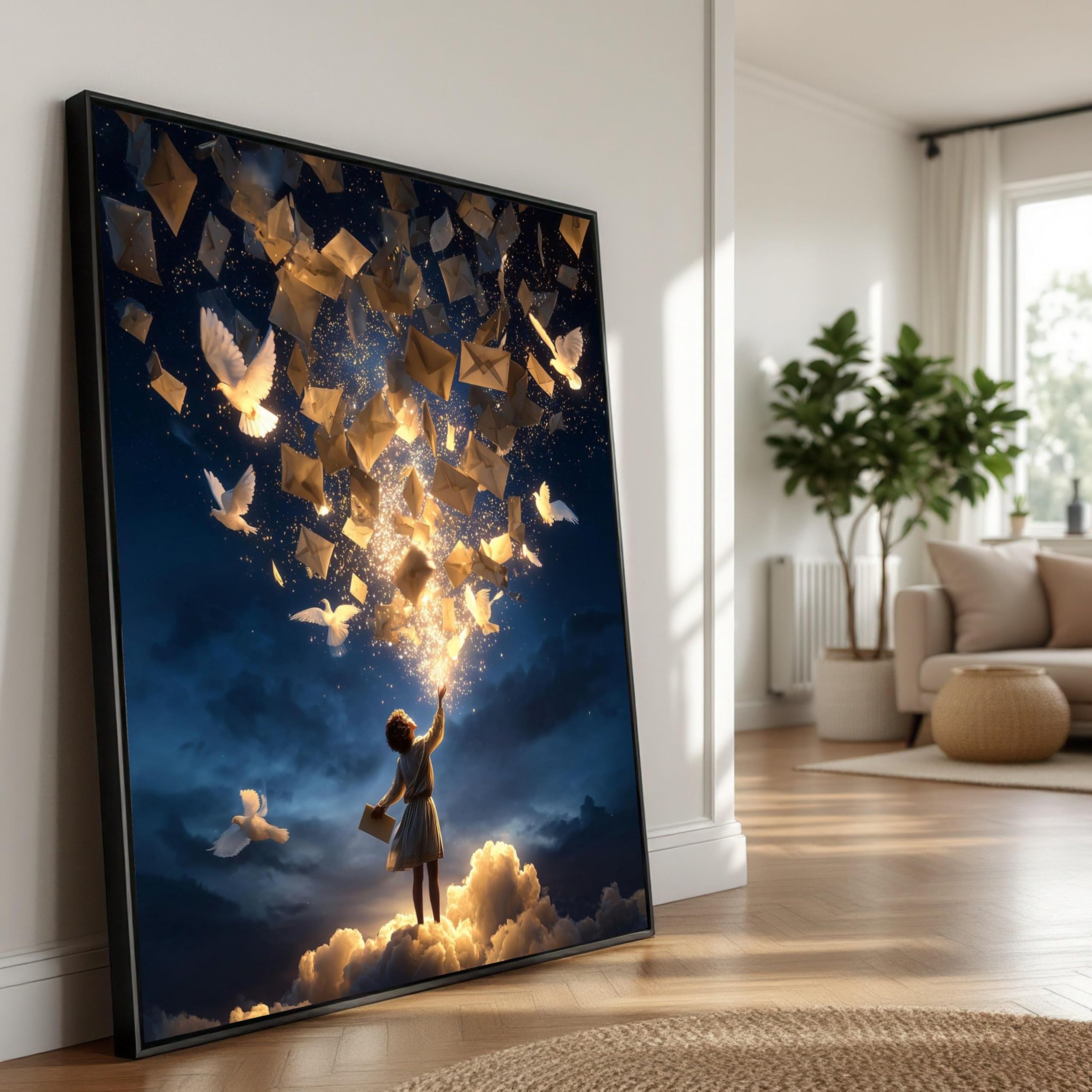 XINBAO Latające litery i gołębie nocne niebo dziecko publikuje wiadomości na płótnie, fantasy Wall Art inspirujący obraz dekoracyjny (80 x 120 cm/bez ramki)