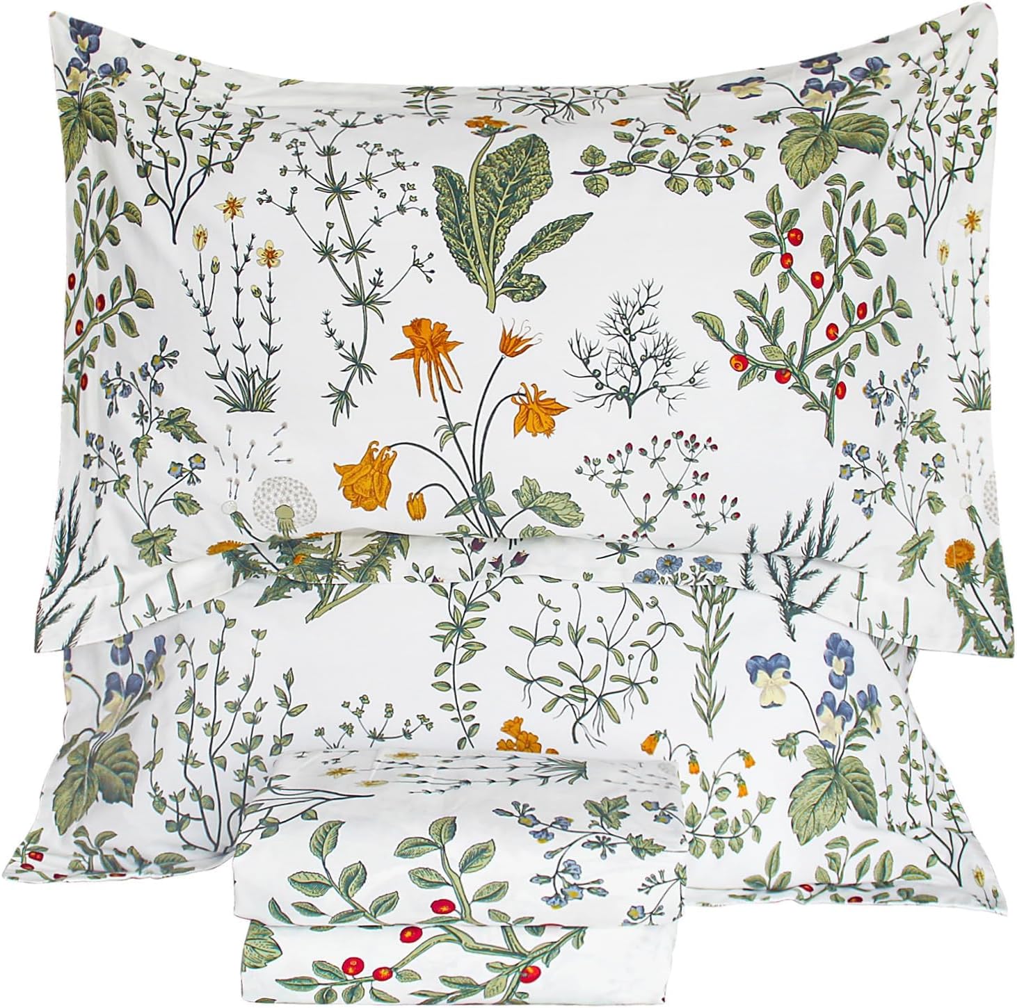 QSH 100% Cotton Sheets for King Size Bed, Yellow Flowers Plant Pattern Botanical Luxury Cotton Printed Floral Bedding King Size Sheet with Deep Pockets 17" Soft and Breathable 4pcs