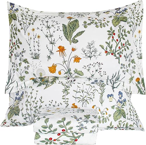 QSH Sábanas 100% algodón para cama tamaño King, patrón de plantas de flores amarillas, algodón botánico de lujo, estampado floral, tamaño King con