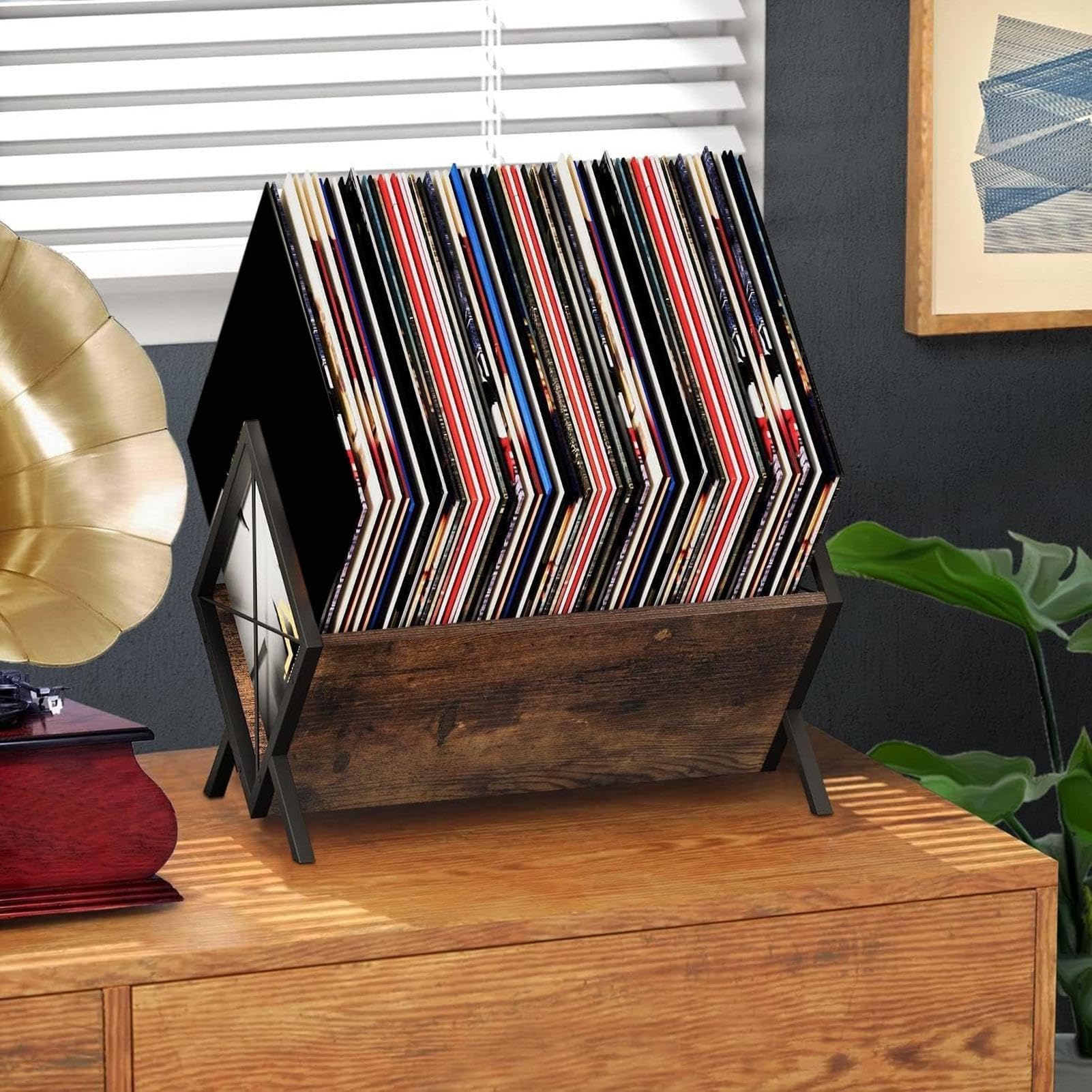 Estante Retro para Vinilos Marrón, Espacioso y Rústico, Capacidad para | Expositor de Colección de Álbumes Para Libros, Archivos, Estudio, Oficina, Biblioteca Y Dormitorio