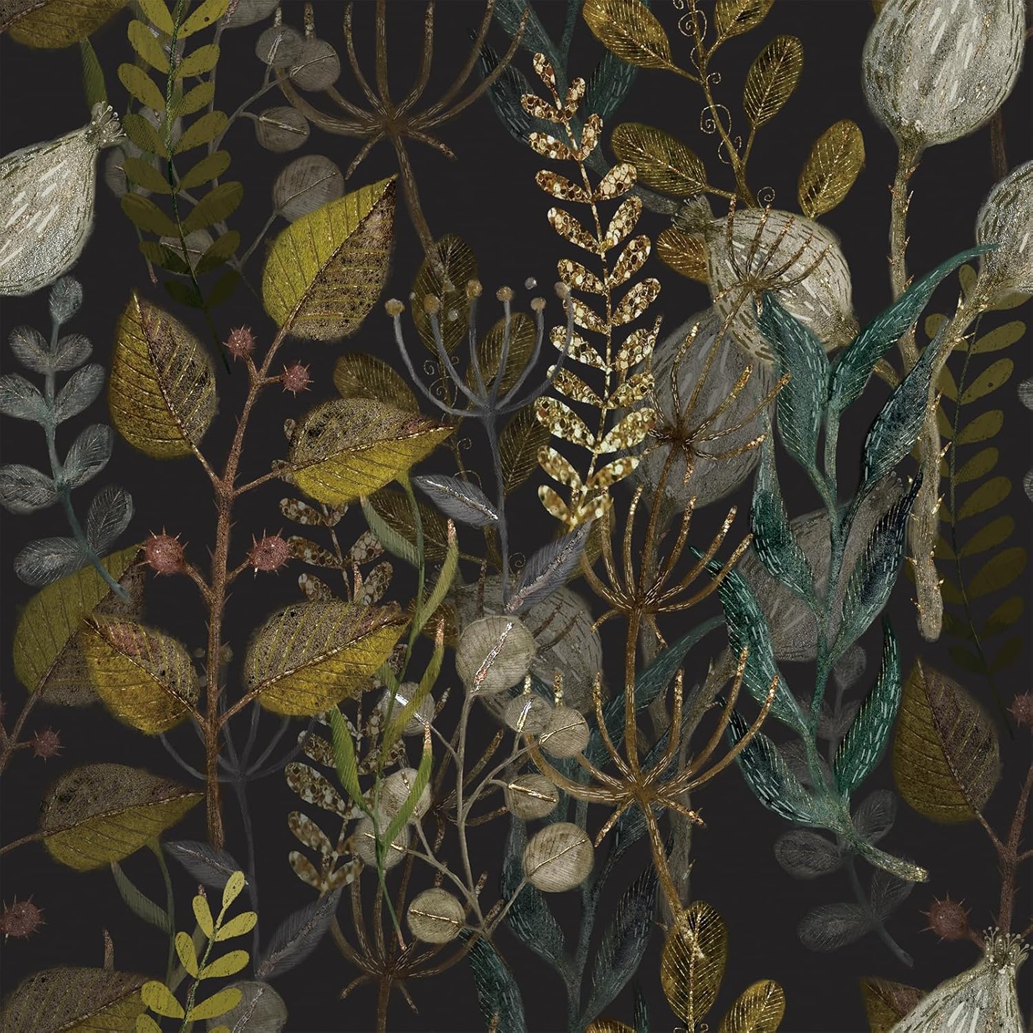 Livelynine 17.5x276 Gold Leaf Vintage Floral Wallpaper Peel and Stick Green Gold Black White Botanical Wall Mural Wallpaper for Bathroom Bedroom Walls Self Adhesive Contact Paper Decorative Leaves