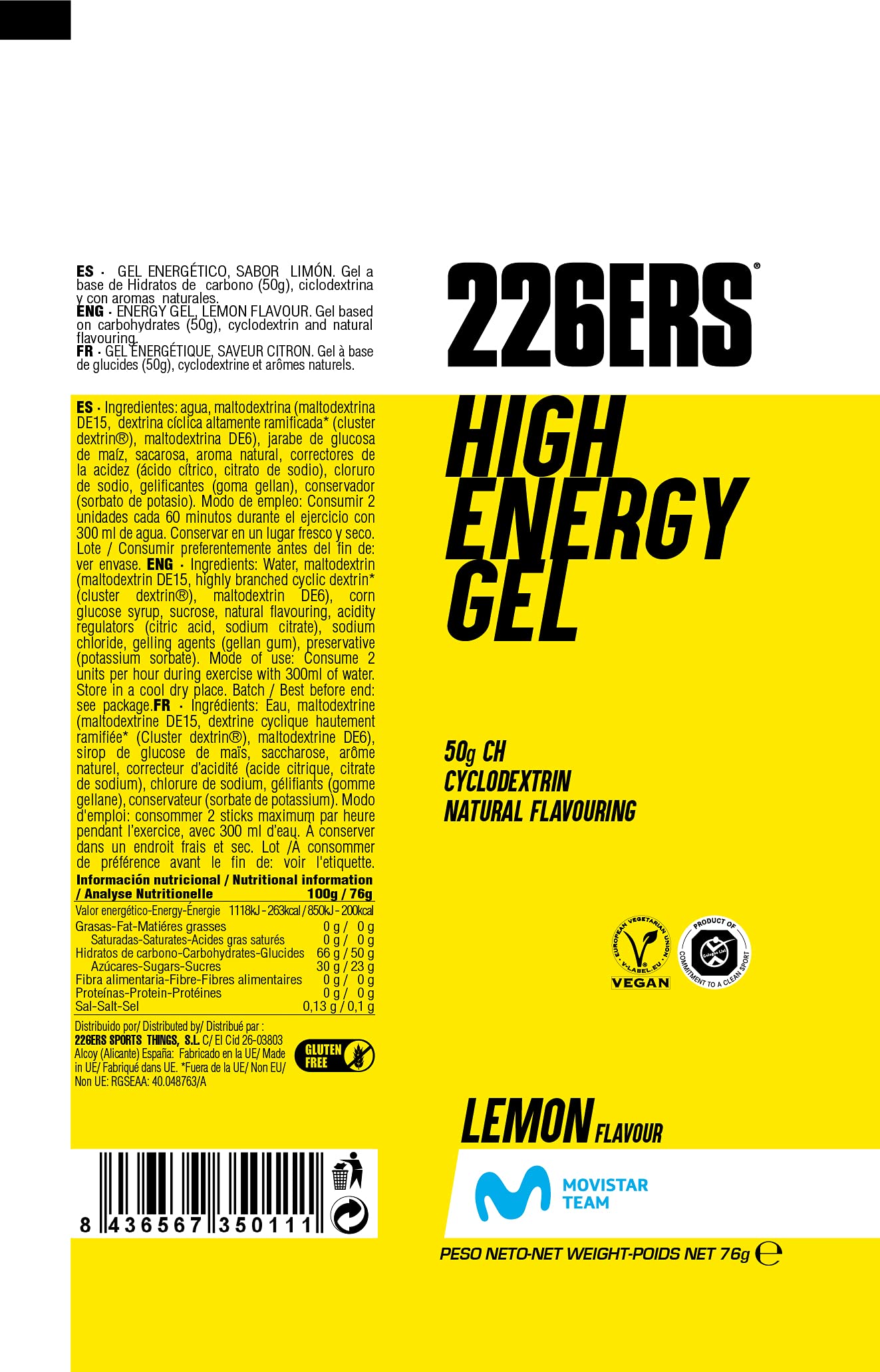 226ERS High Energy Gel | Gel Energético Vegano con Ciclodextrina come Carboidrato, Gel Energetico per Ciclismo e Corsa, Senza doping, Limone - 24 Unità