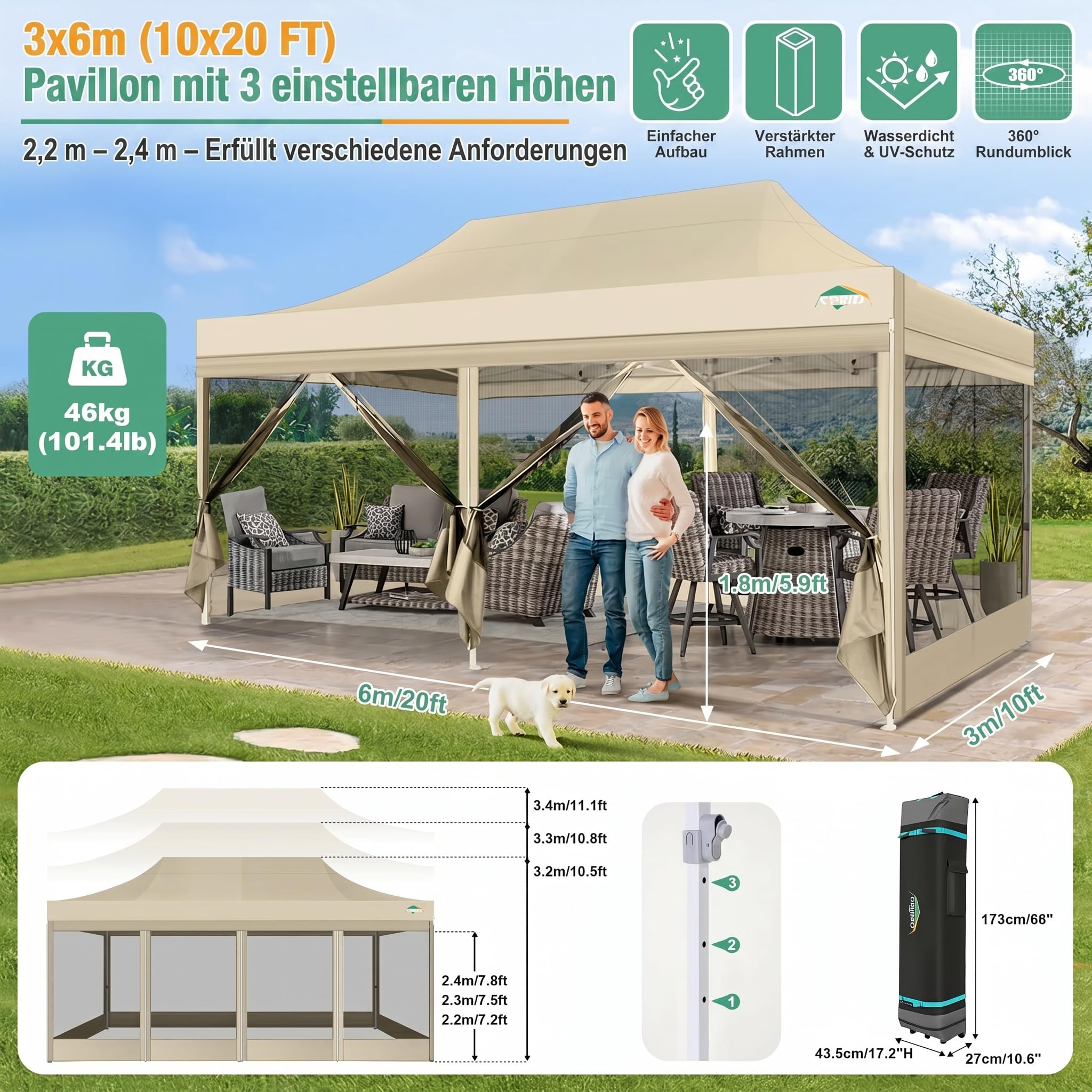 COBIZI Faltpavillon 3x6 m mit Moskitonetz, wasserdicht, stabil | UV-Schutz 50+, 3-fach höhenverstellbar, 6 Seitenwände, robustes 420D Oxford-Gewebe, mit Aufbewahrungstasche mit Rollen
