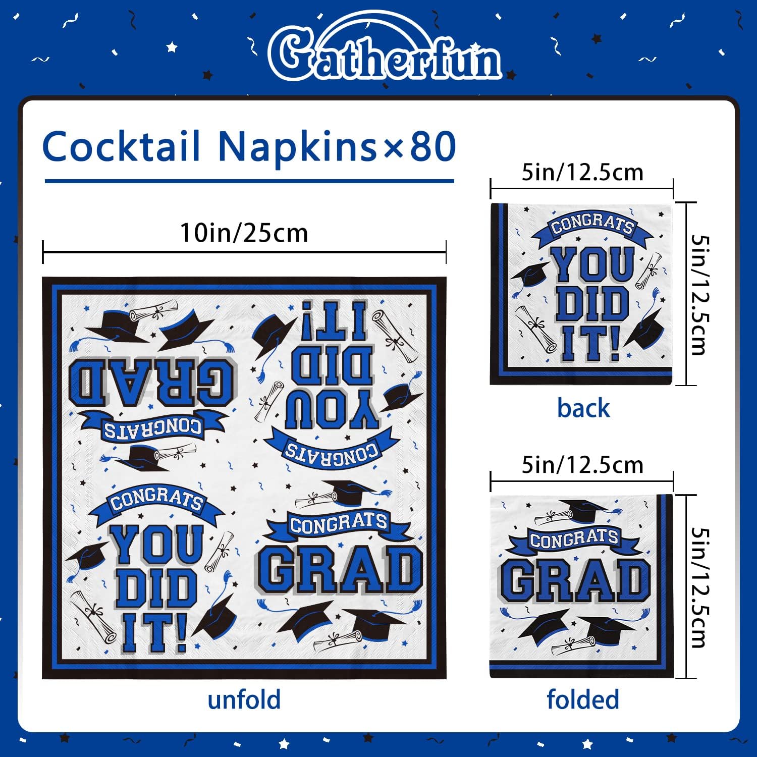 Graduation Party Supplies Disposable Paper Cocktail Napkins for Graduation Decorations, 80 Pack（blue and black）