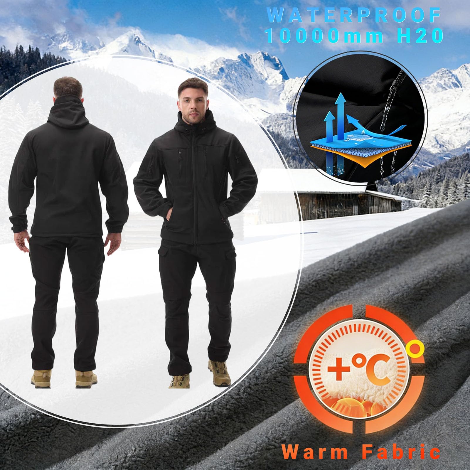 Taktisches Kampfanzug-Set FüR Herren (Jacke Und Hose) Taktischer Fleece-Softshell-Anzug Winddichtes WäRmendes Jagd-Outfit (2-Teilig) wasserdichte Kampfbekleidung Mit Kapuze