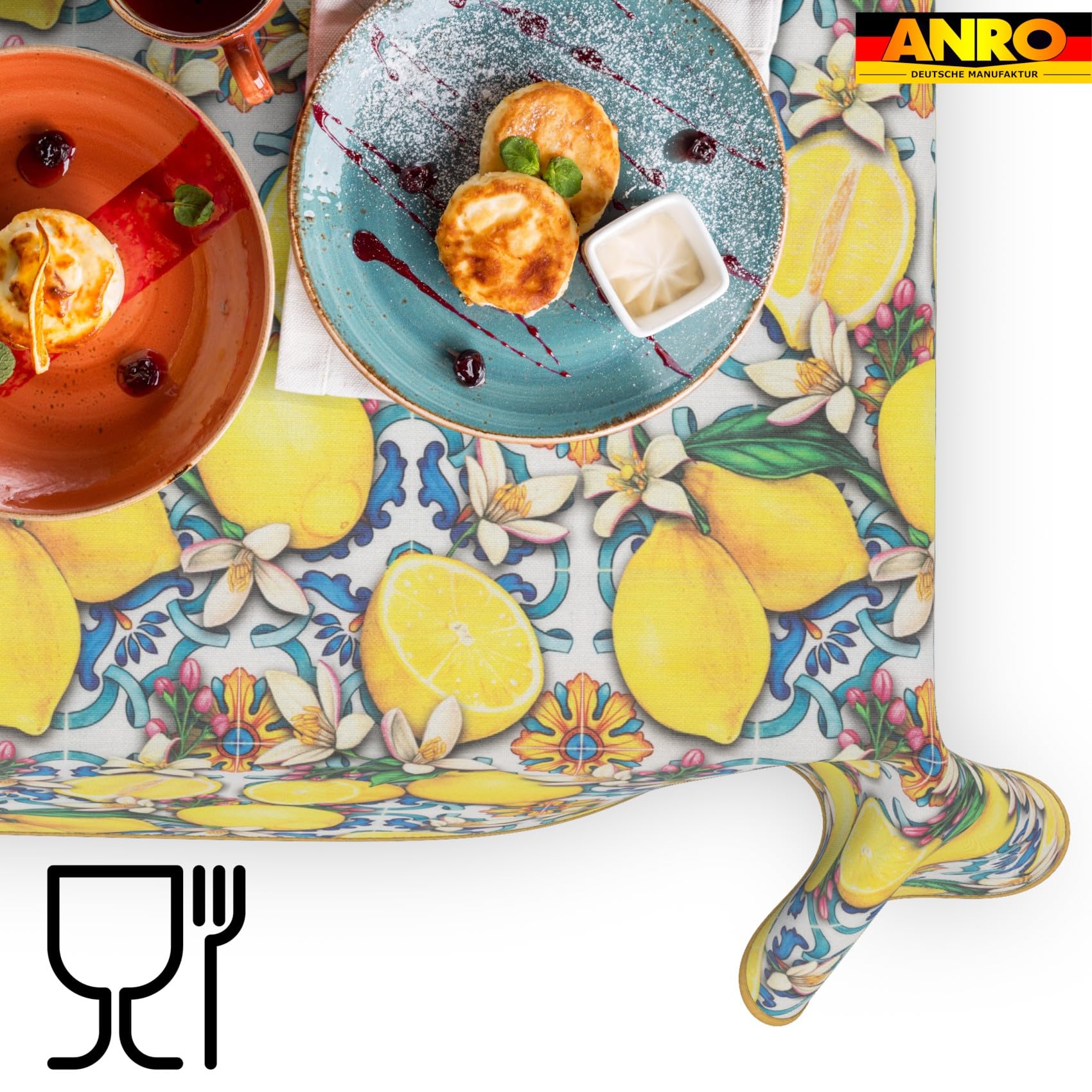 ANRO Mantel de Mesa Cocina Jardín 70% Algodón 30% Poliéster Diseño Limones Mediterráneo Antimanchas Bordes Cortados 260x140 cm
