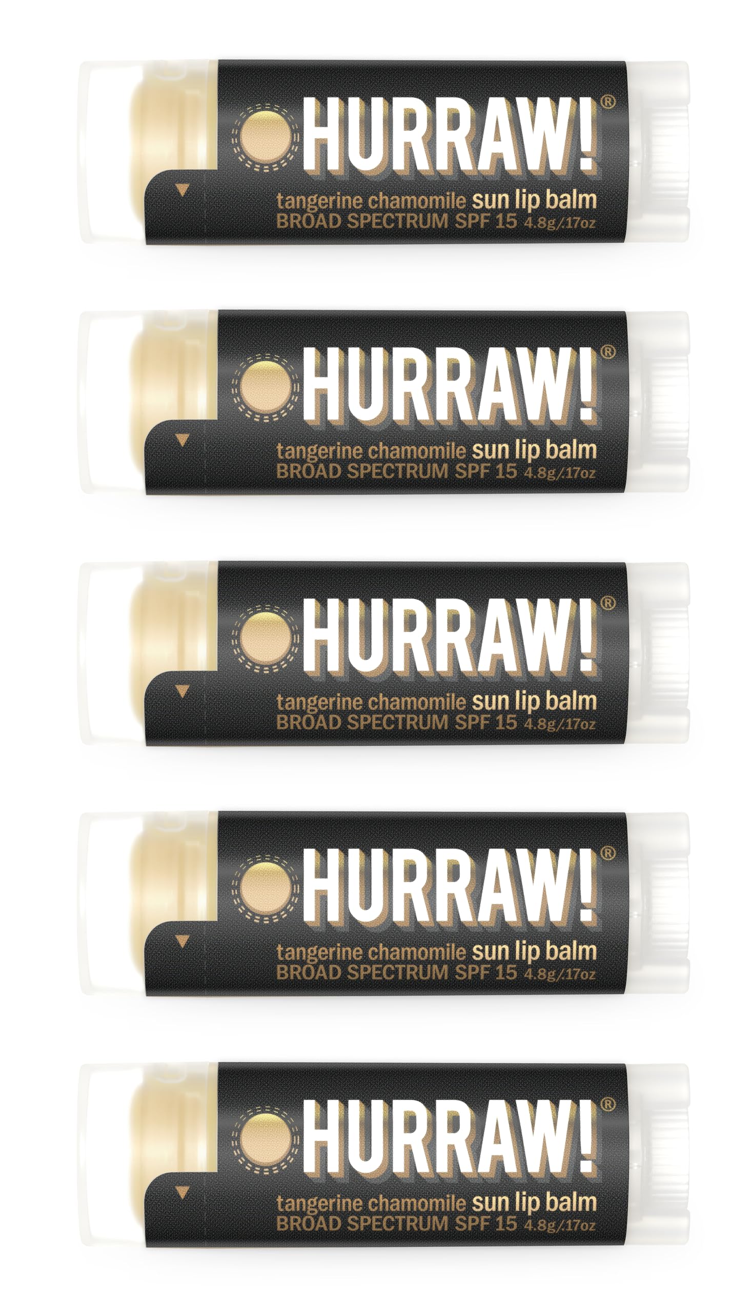 Sun Lip Balm (Zinc Oxide Protection, Broad Spectrum SPF 15, Tangerine, Chamomile), 5 Pack: Organic, Certified Vegan, Gluten Free. Non-GMO, All-Natural. Bee, Shea, Soy & Palm Free. Made in USA