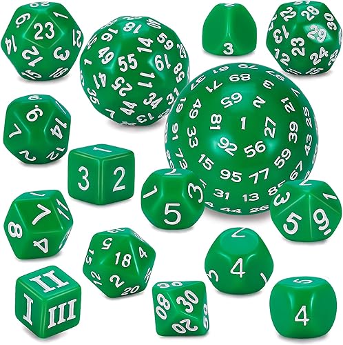 CiaraQ juego de dados poliédricos DND (15 piezas) D4-D100 con bolsa de dados para juegos de mesa de rol de Calabozos y Dragones (verde y blanco)