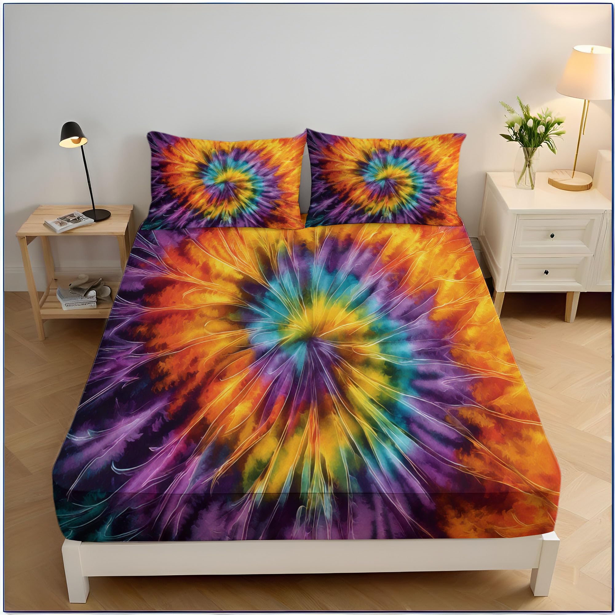 Drap housse respirant 200x200cm antidérapant et infroissable tie-dye