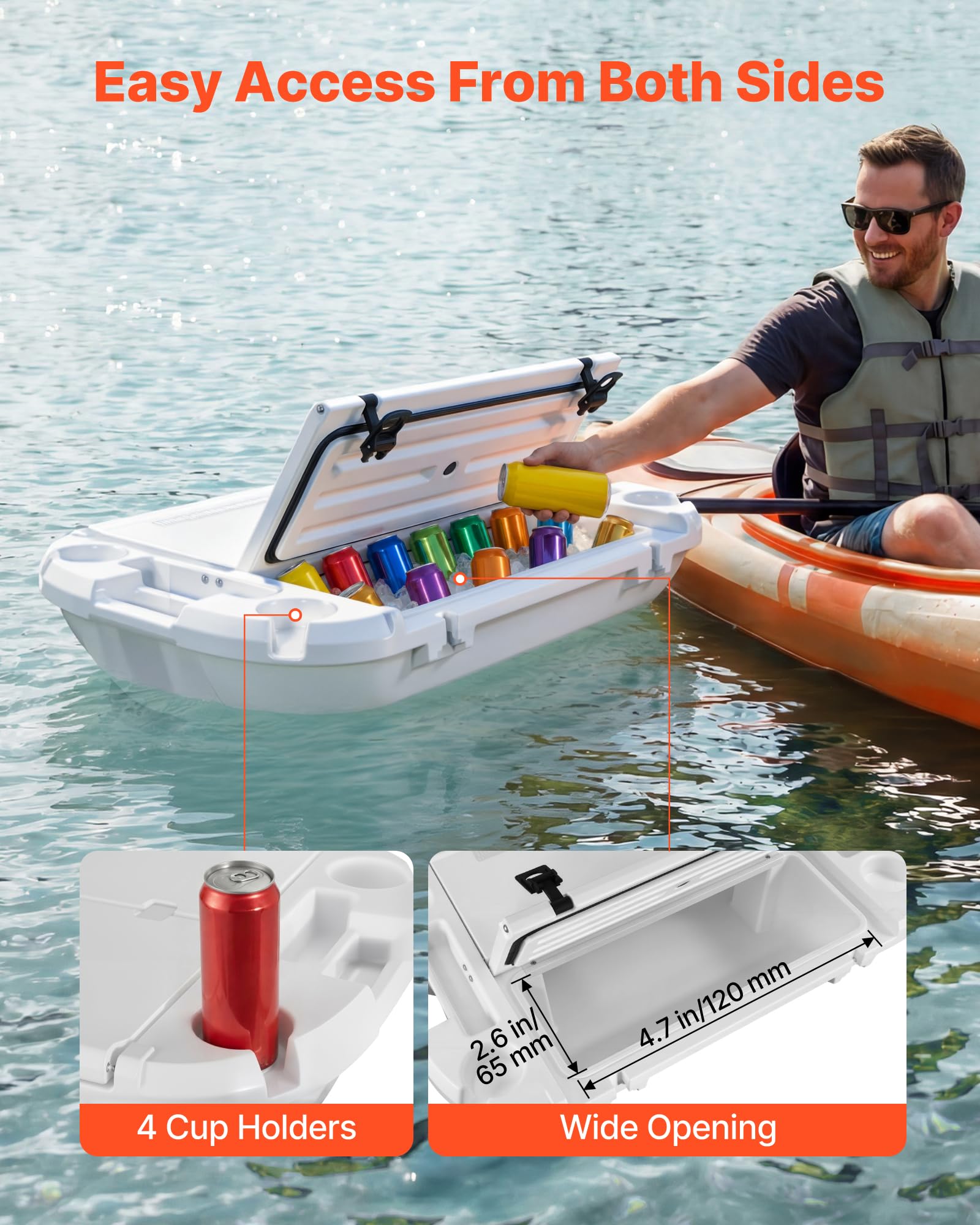 VEVOR Nevera Flotante 37,9 L Enfriador Flotante para Agua y Tierra con Carcasa Rígida Aislada, Portavasos, Asas Laterales, Cuerda de Remolque para Playa Piscina Lago Barco Bebida Hielo, Color Blanco
