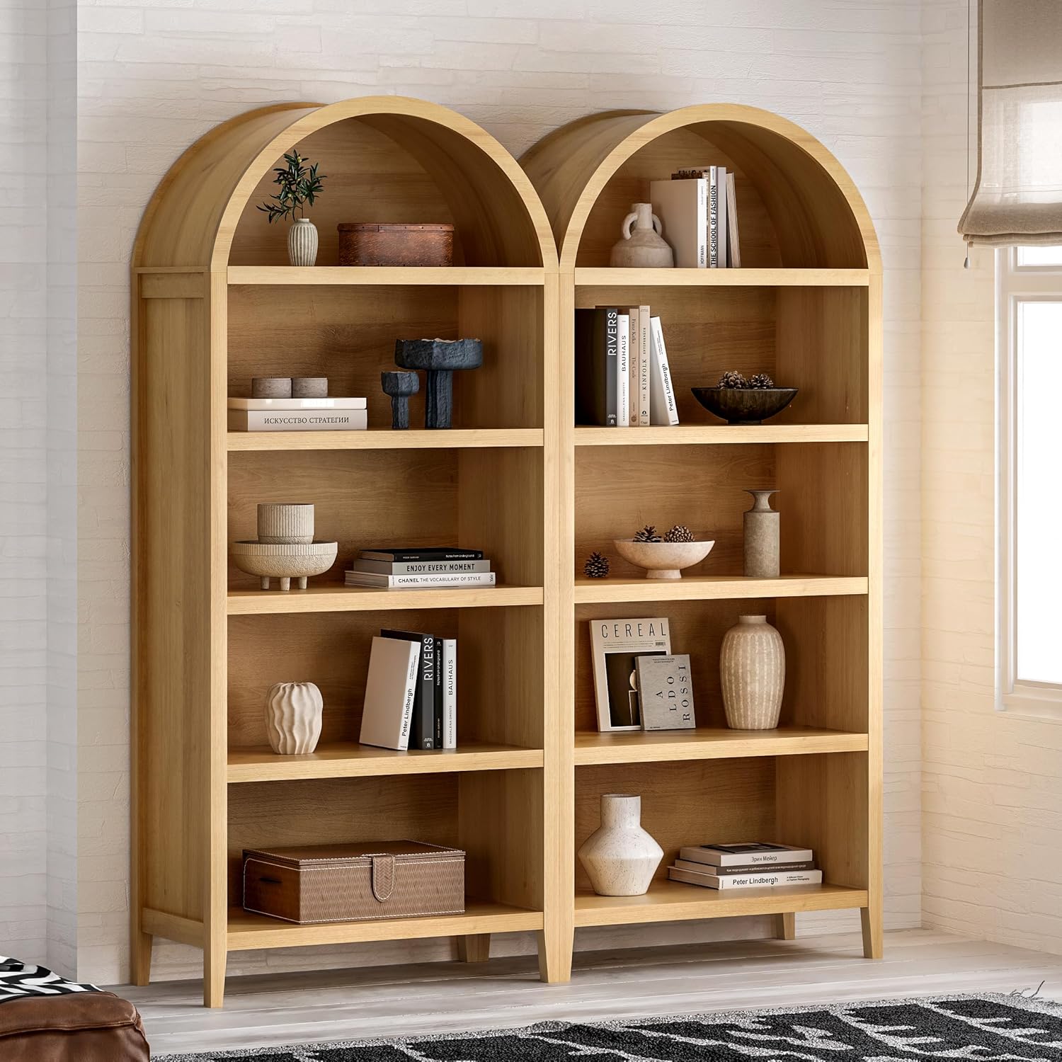 71" Tall Arched Bookcase, 5 Tier Bookshelf with Adjustable Shelves Wood Storage Cabinet Freestanding Display Kitchen Pantry for Living Room Home Office, Light Oak