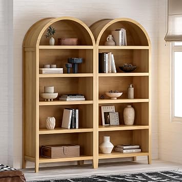 EYYTHUNG 71" Tall Arched Bookcase Set of 2, 5 Tier Bookshelf with Adjustable Shelves Wood Storage Cabinet Freestanding Display Kitchen Pantry for Living Room Home Office, Natural Oak